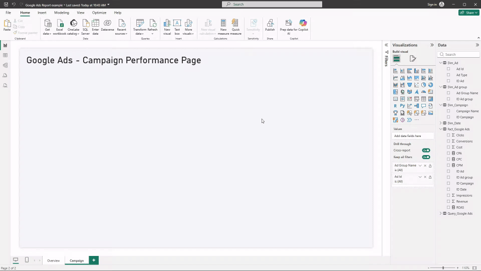 A GIF showing how to add a table to a Power BI dashboard to highlight Google Ads campaign performance.