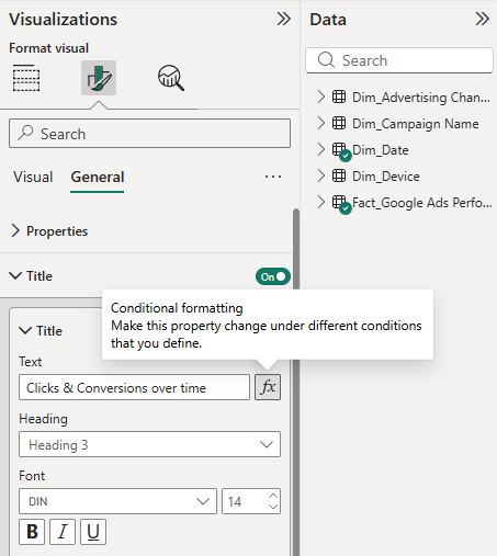Screenshot of Power BI showing the option to apply conditional formatting to a visual title.
