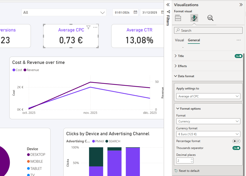Screenshot of Power BI showing data formatting options for a visual.