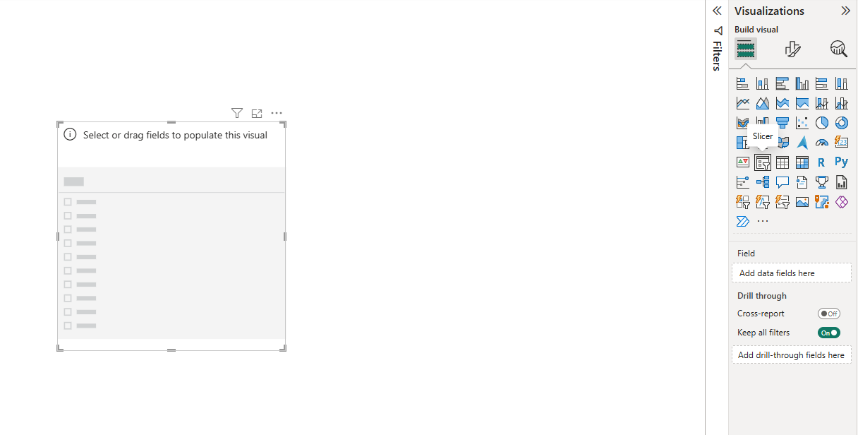 Screenshot from Power BI of Visualizations pane with the Slicer visual highlighted