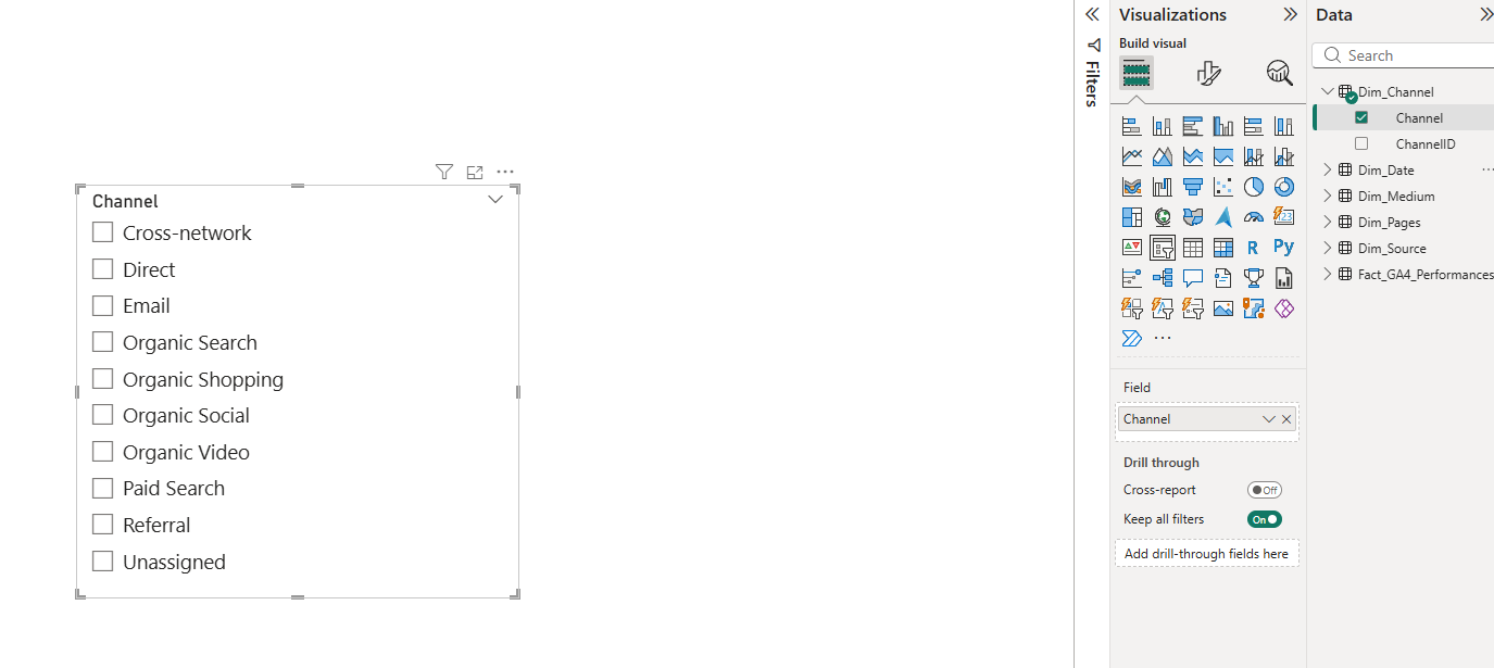 Screenshot from Power BI showing “Channel” into a slicer