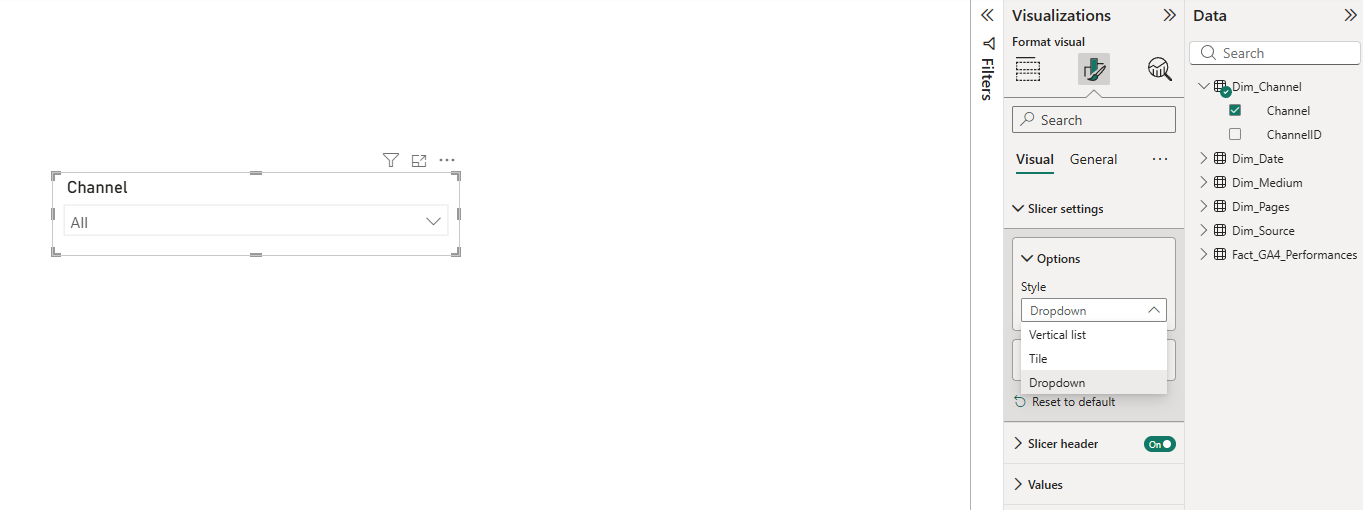 Screenshot from Power BI of Slicer formatting options showing list vs dropdown