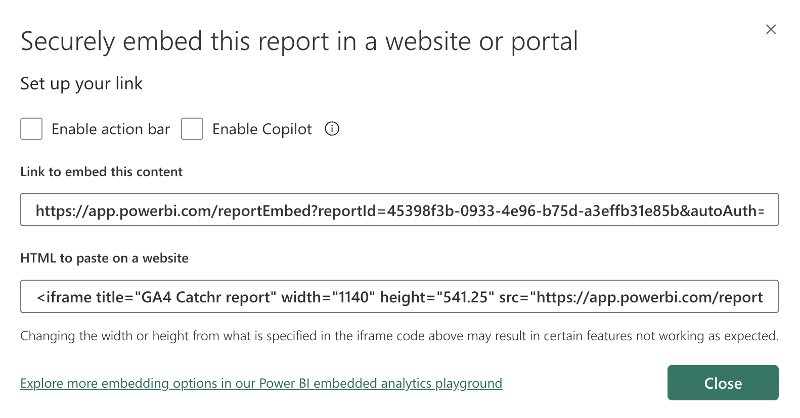Screenshot of Power BI Service embed report options