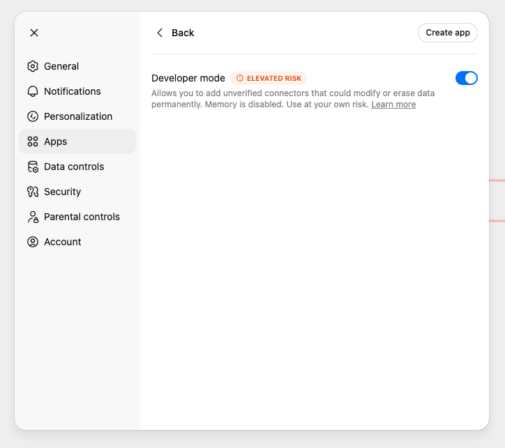 Screenshot: ChatGPT Settings > Apps with Developer mode toggle enabled.