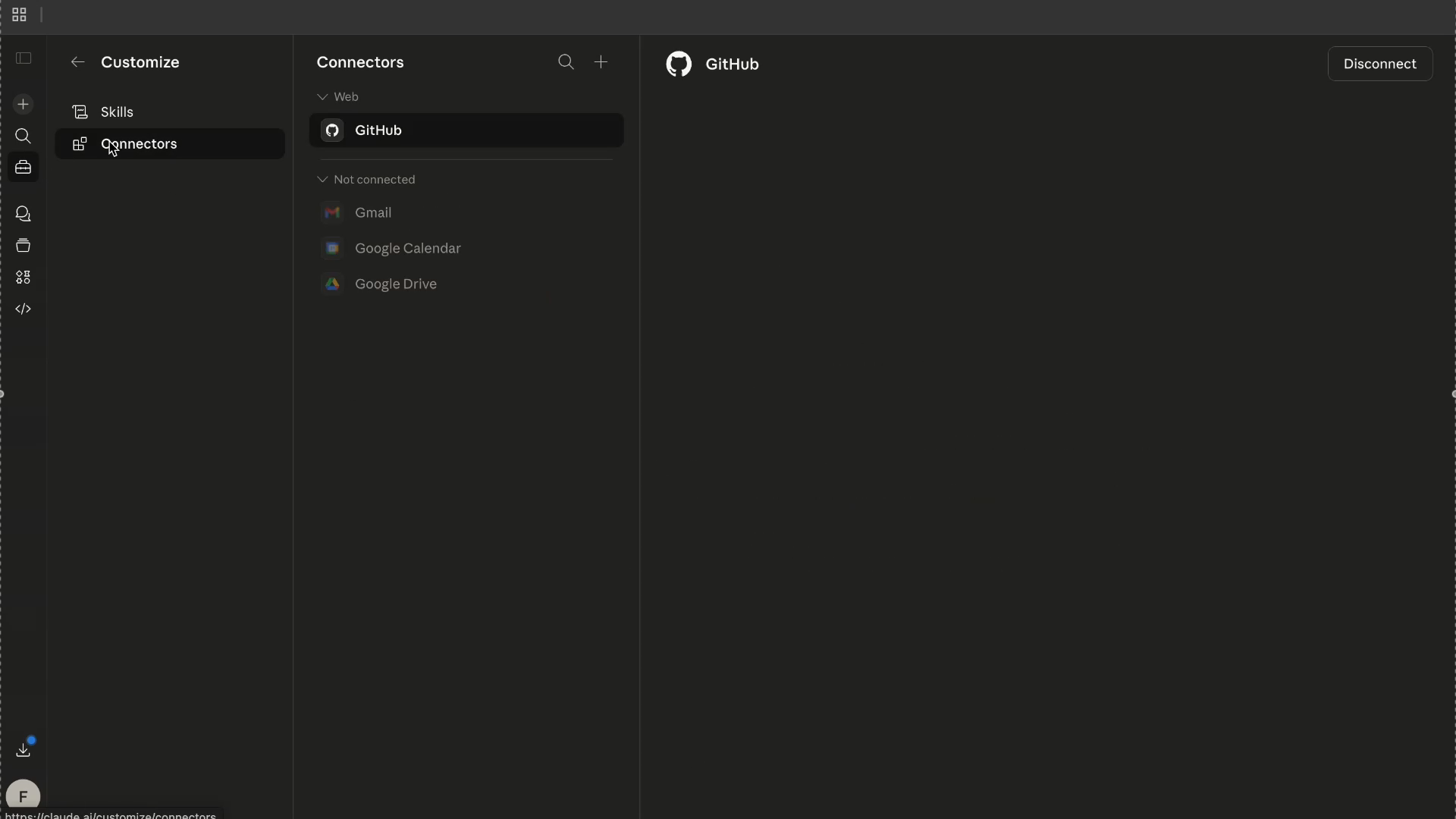 Screenshot: Claude Customize view with Connectors selected in the left menu.