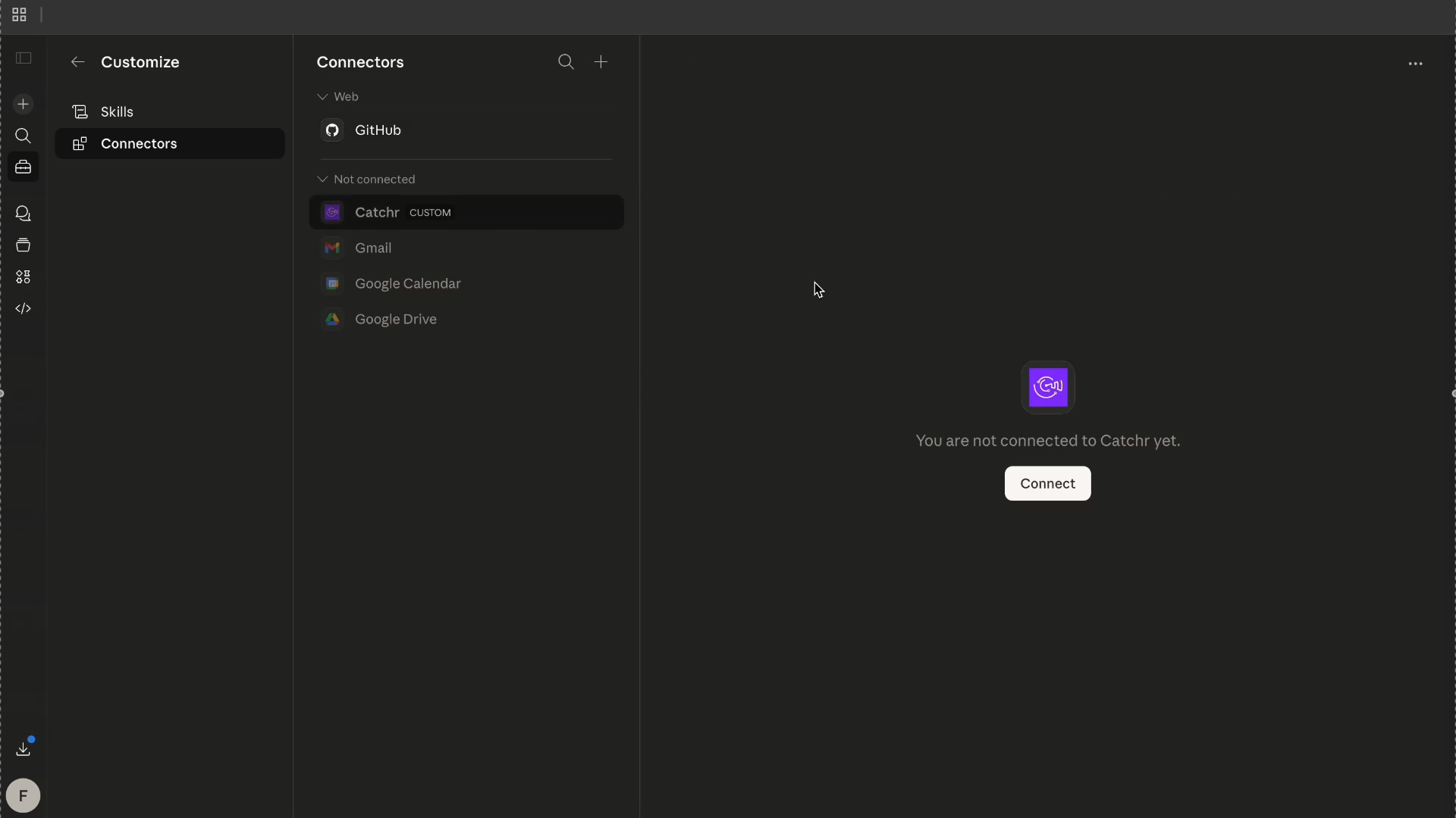 Screenshot: Catchr connector selected with Connect button visible in Claude.