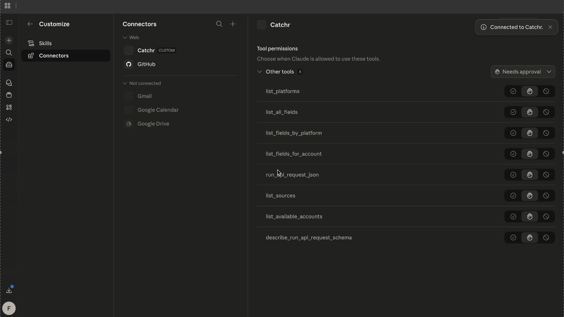 Screenshot: Claude Connectors page showing Catchr connected with available tool permissions.