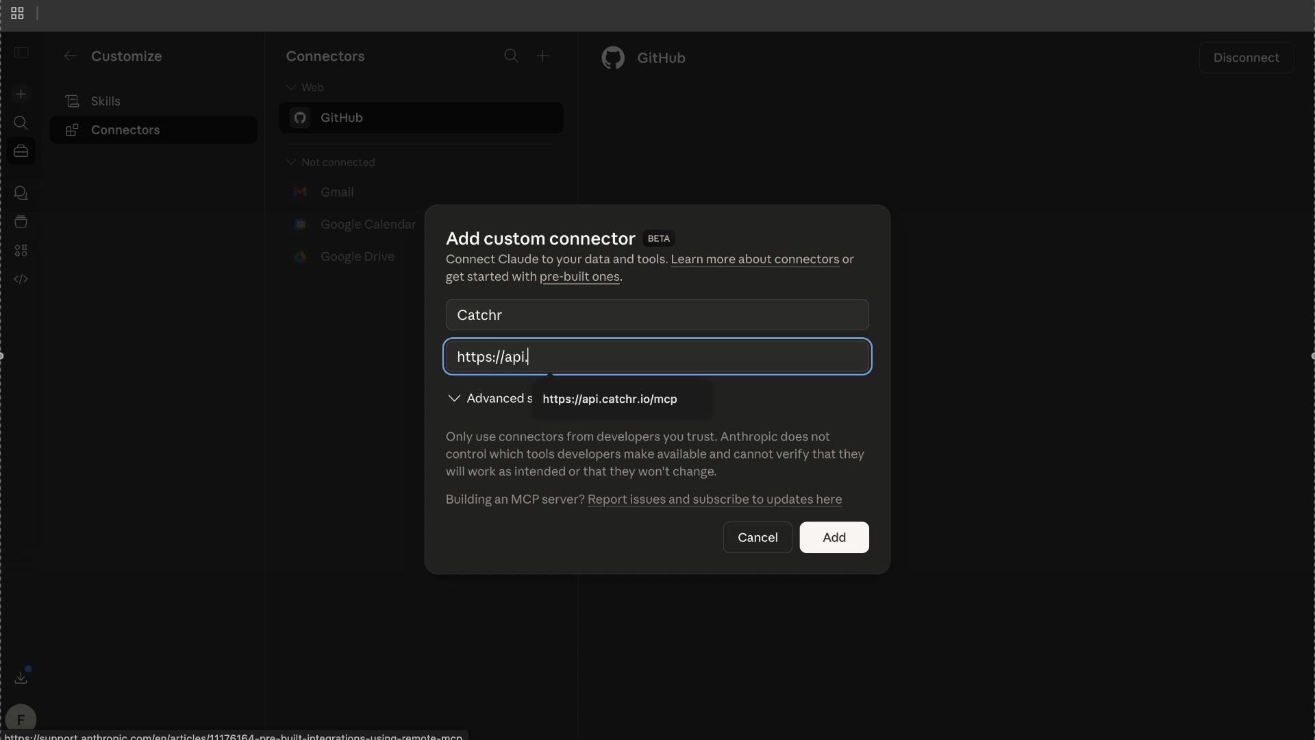 Screenshot: Add custom connector form filled with Catchr name and https://api.catchr.io/mcp URL.