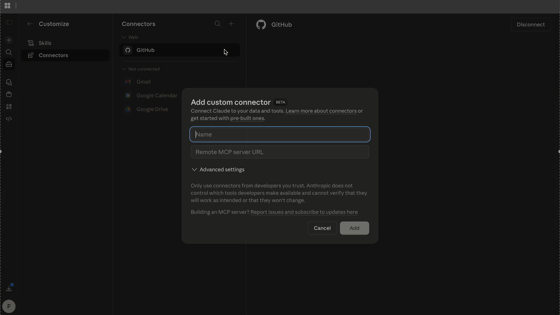 Screenshot: Claude Add custom connector modal opened from the Connectors page.