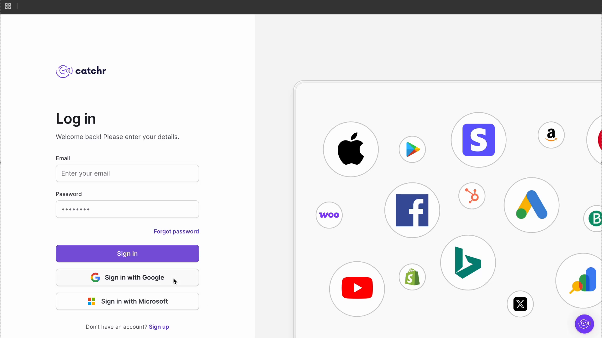 Screenshot: Catchr login screen opened during Claude connector authorization.