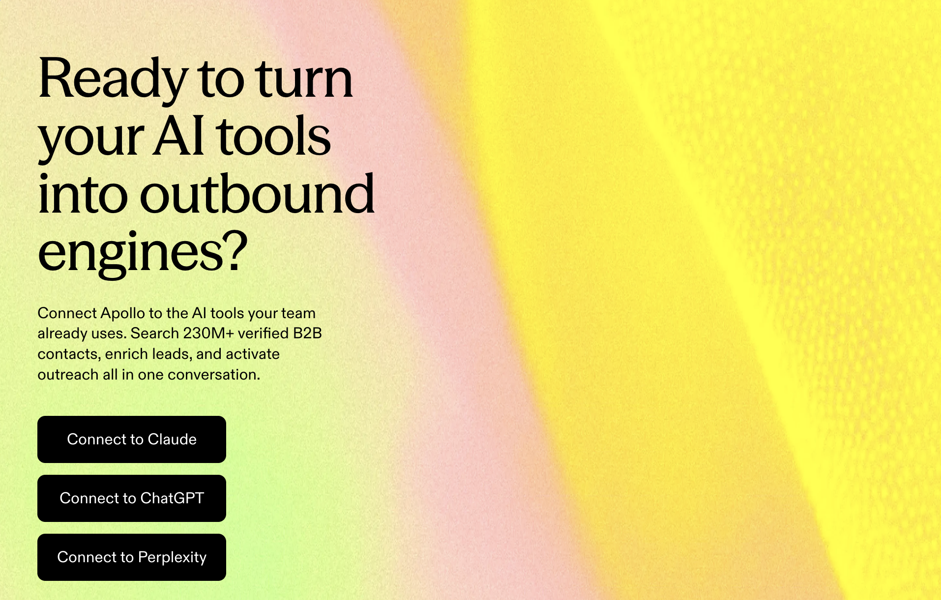 Apollo webpage promoting AI integrations with Claude, ChatGPT, and Perplexity for B2B outreach.