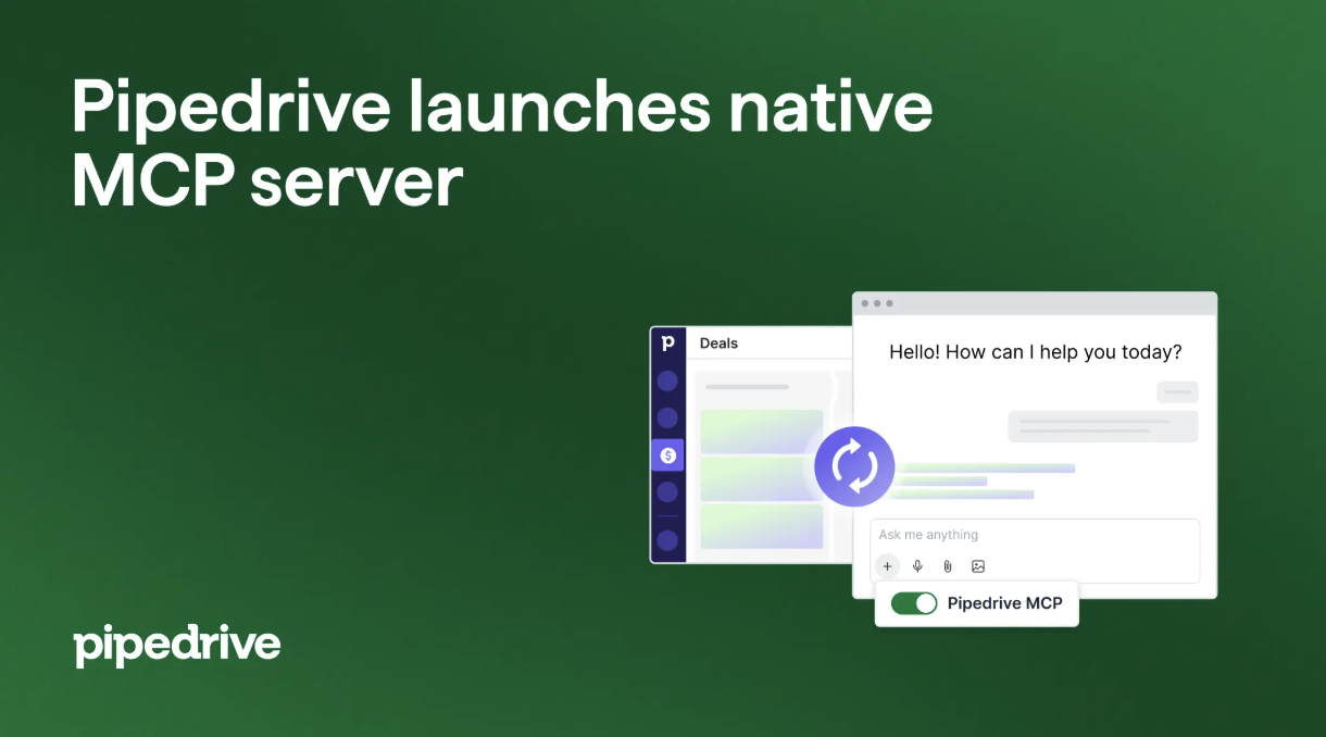 Pipedrive banner announcing its native MCP server, with CRM and AI chat interface illustrations.