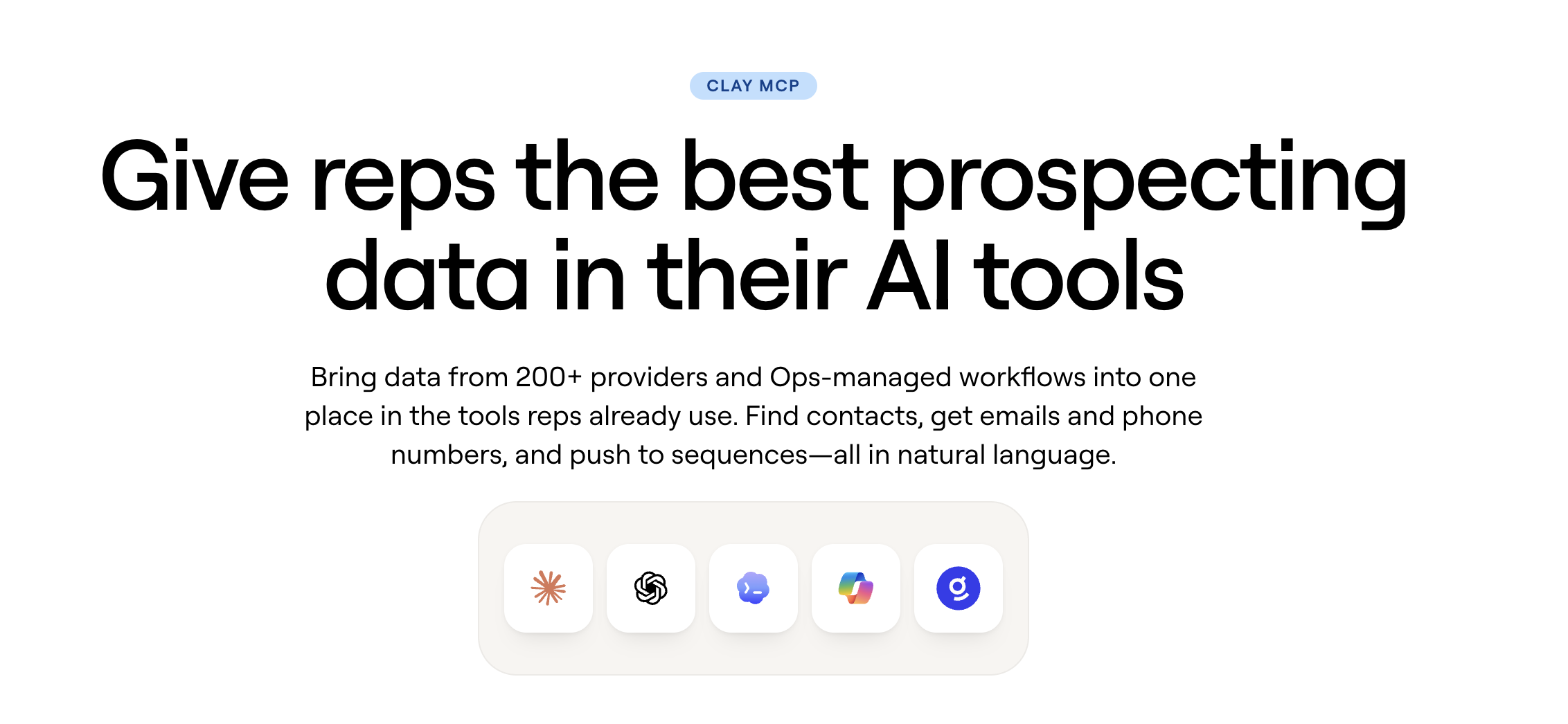Clay MCP banner promoting prospecting data integrations for AI tools, with logos for ChatGPT and other platforms.