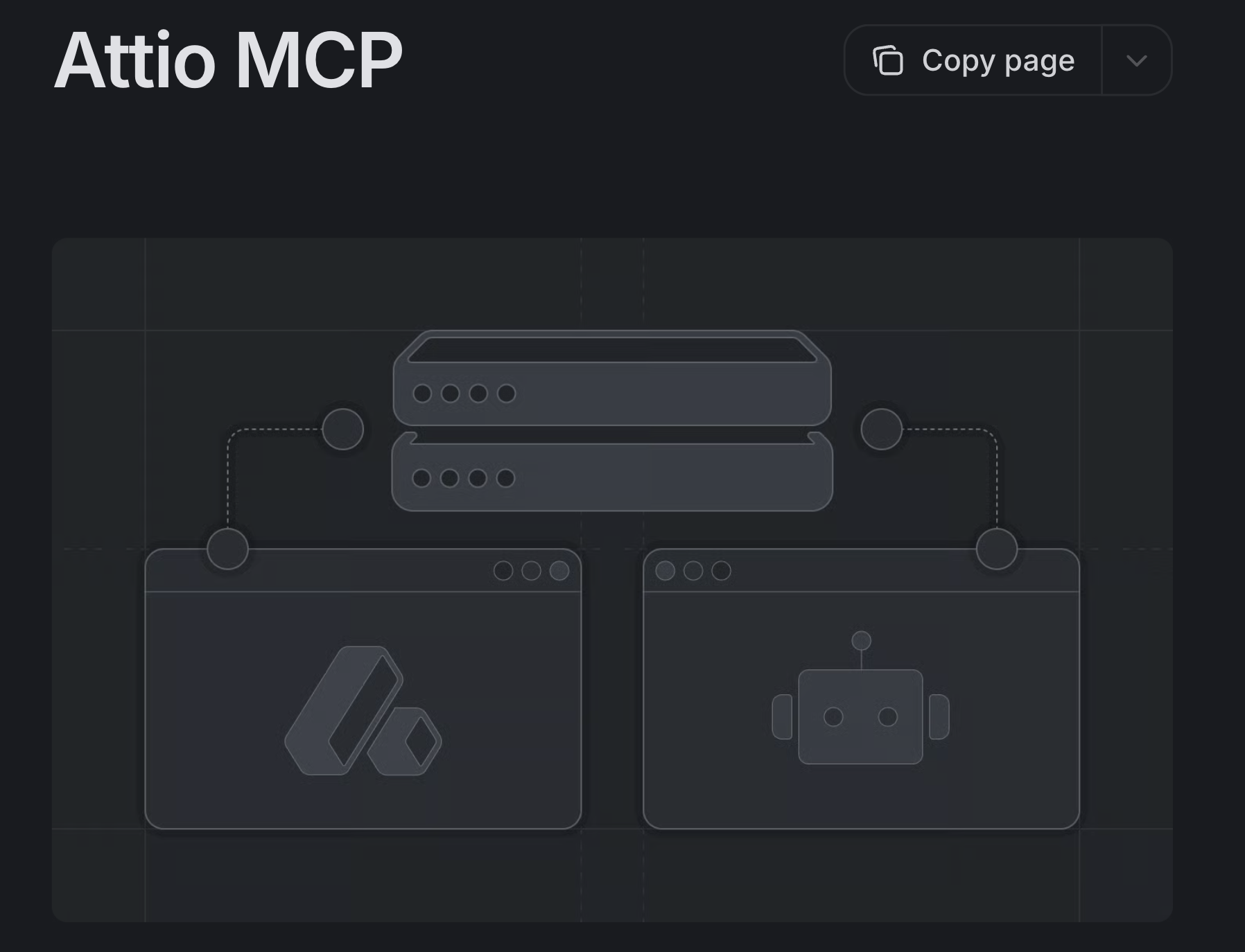 Attio MCP page showing a dark diagram connecting the Attio platform, a server, and an AI agent.