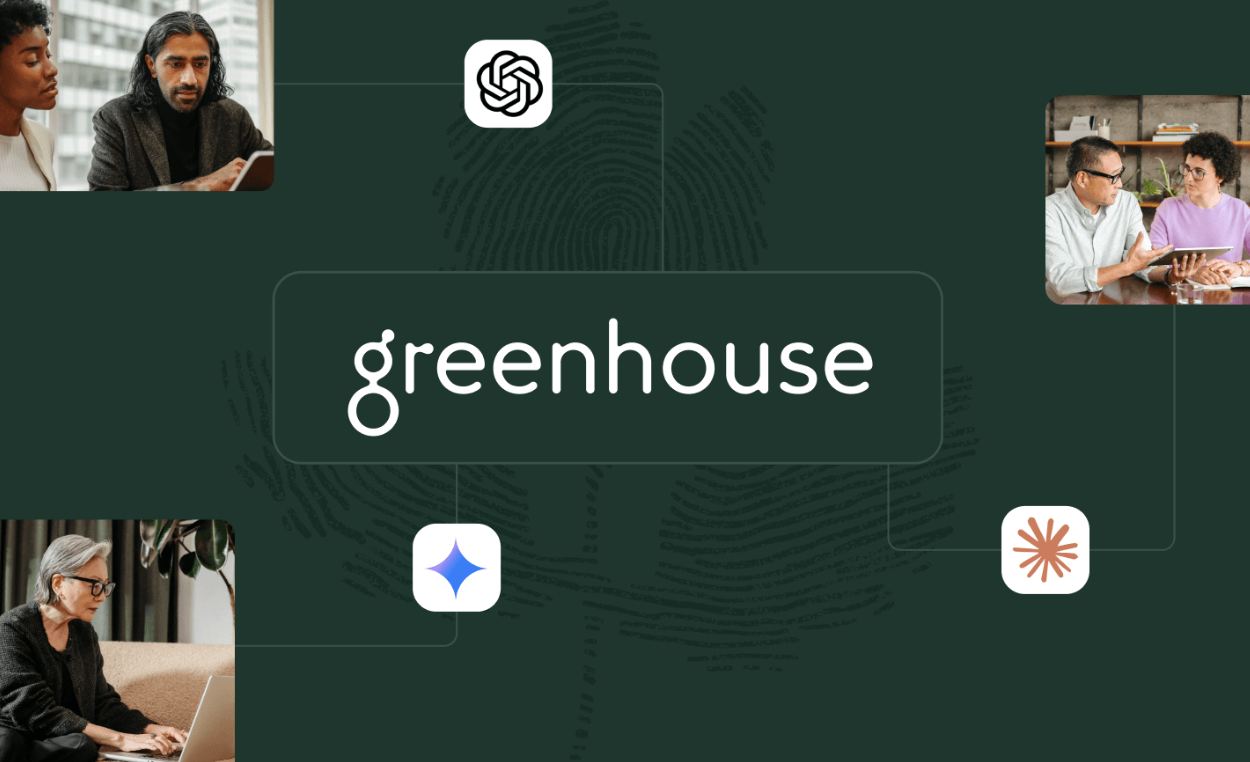 Greenhouse MCP graphic showing integrations with ChatGPT, Gemini, and Claude for AI-powered recruiting workflows.