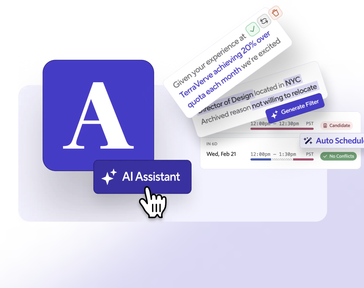 Ashby AI Assistant graphic showing automated candidate filtering, scheduling, and recruiting insights.
