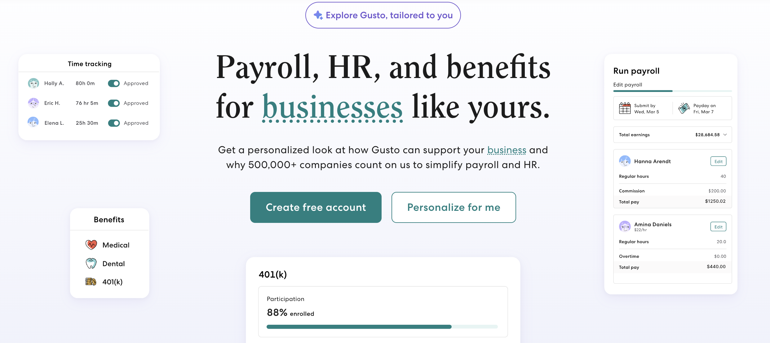 Gusto platform showing payroll, time tracking, employee benefits, and 401(k) management features.