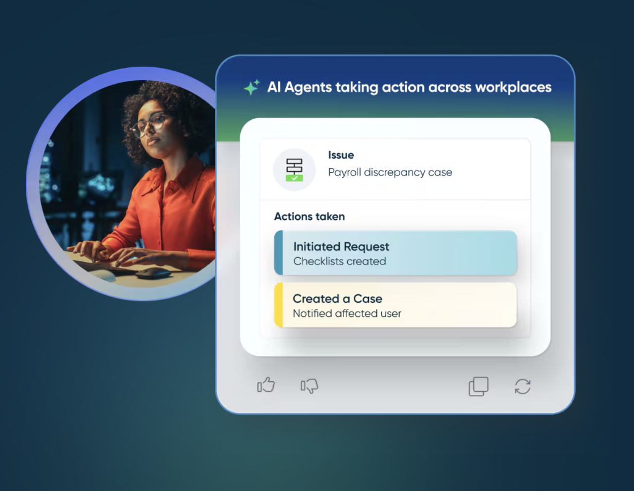 ServiceNow AI agent handling a payroll discrepancy by initiating a request and creating a case.