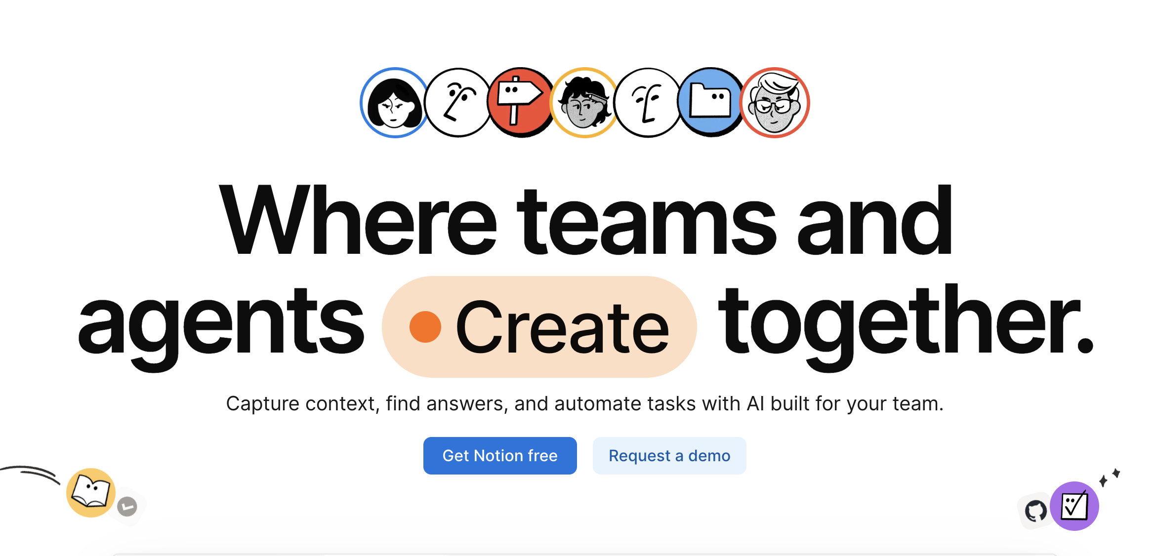 Notion AI banner promoting collaboration between teams and AI agents to find answers and automate tasks.