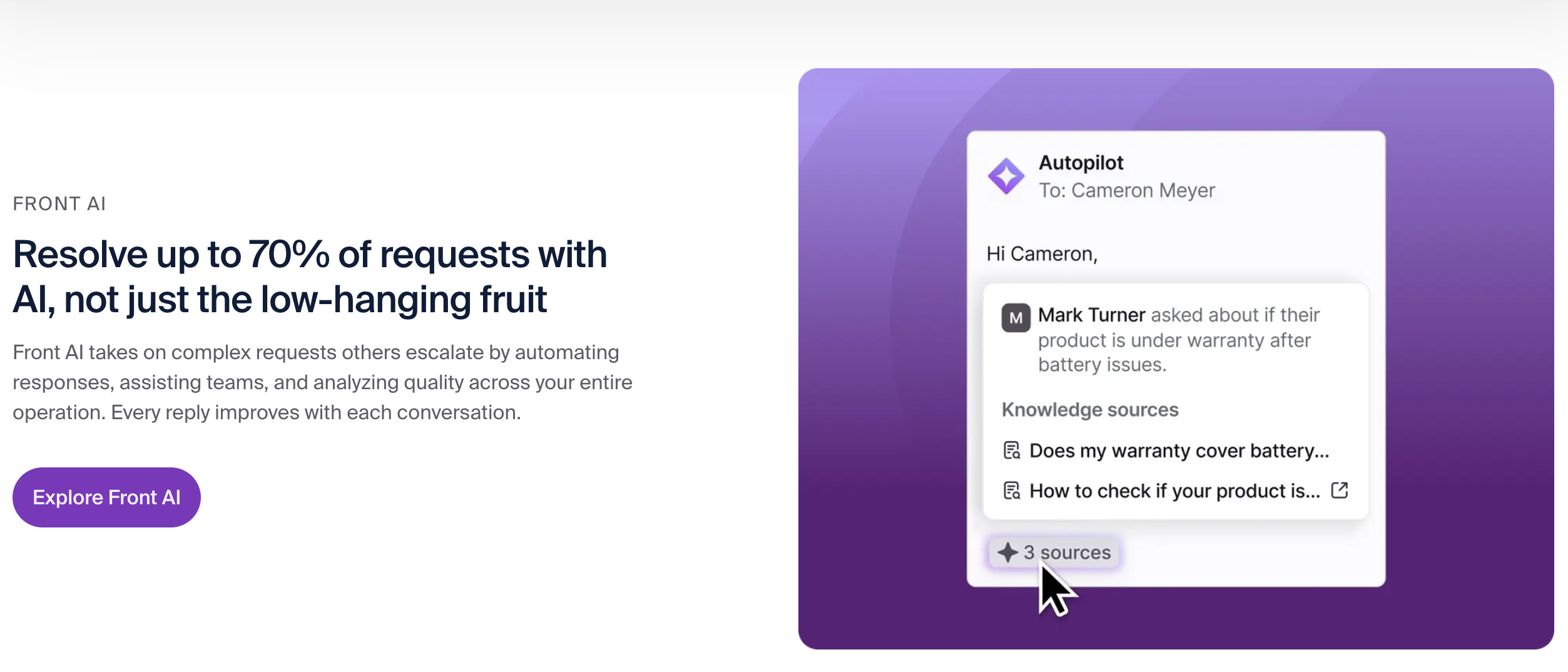 Front AI banner showing an automated customer-support reply generated from multiple knowledge sources.