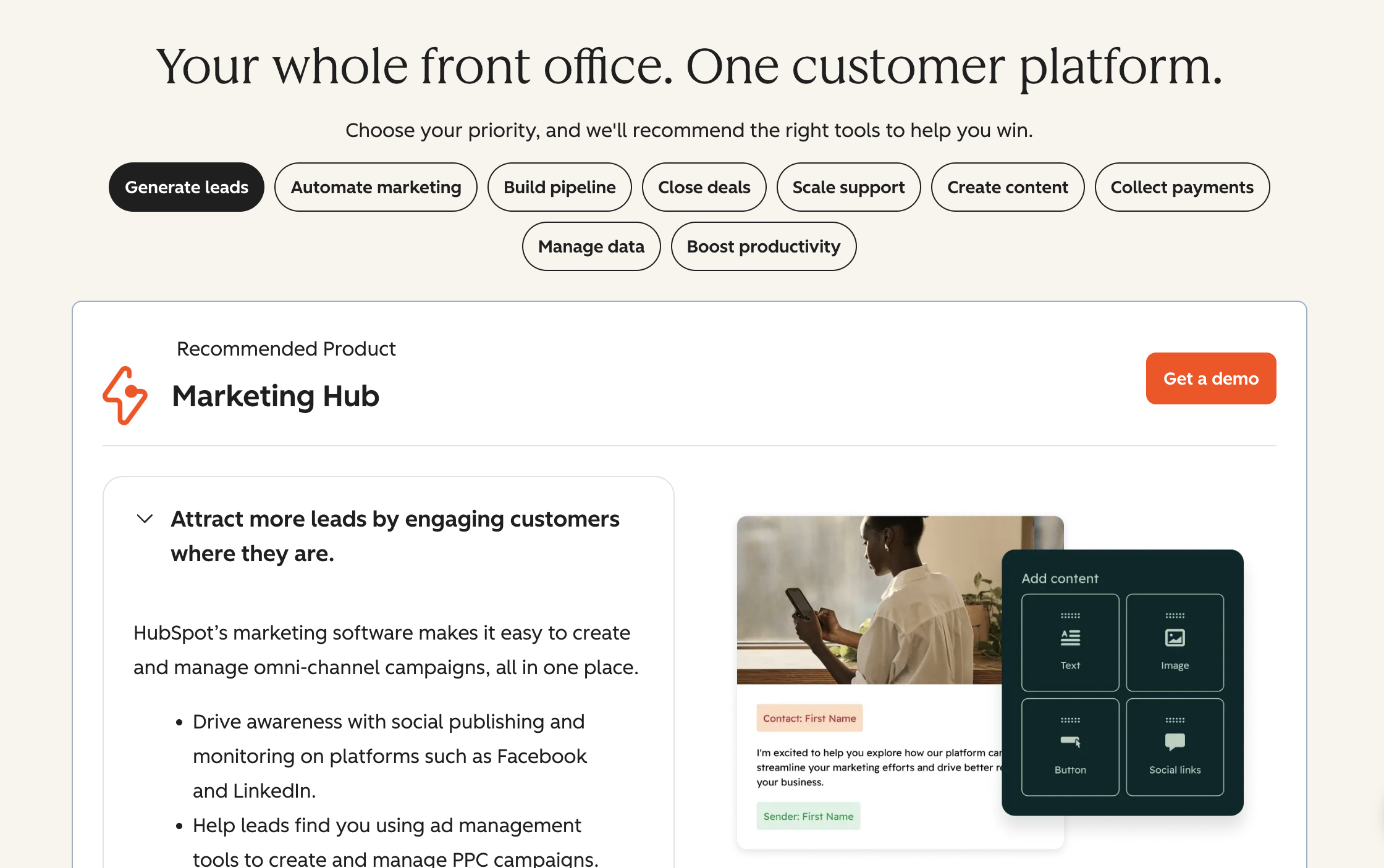 HubSpot customer platform interface showing recommended tools for generating leads, including Marketing Hub.