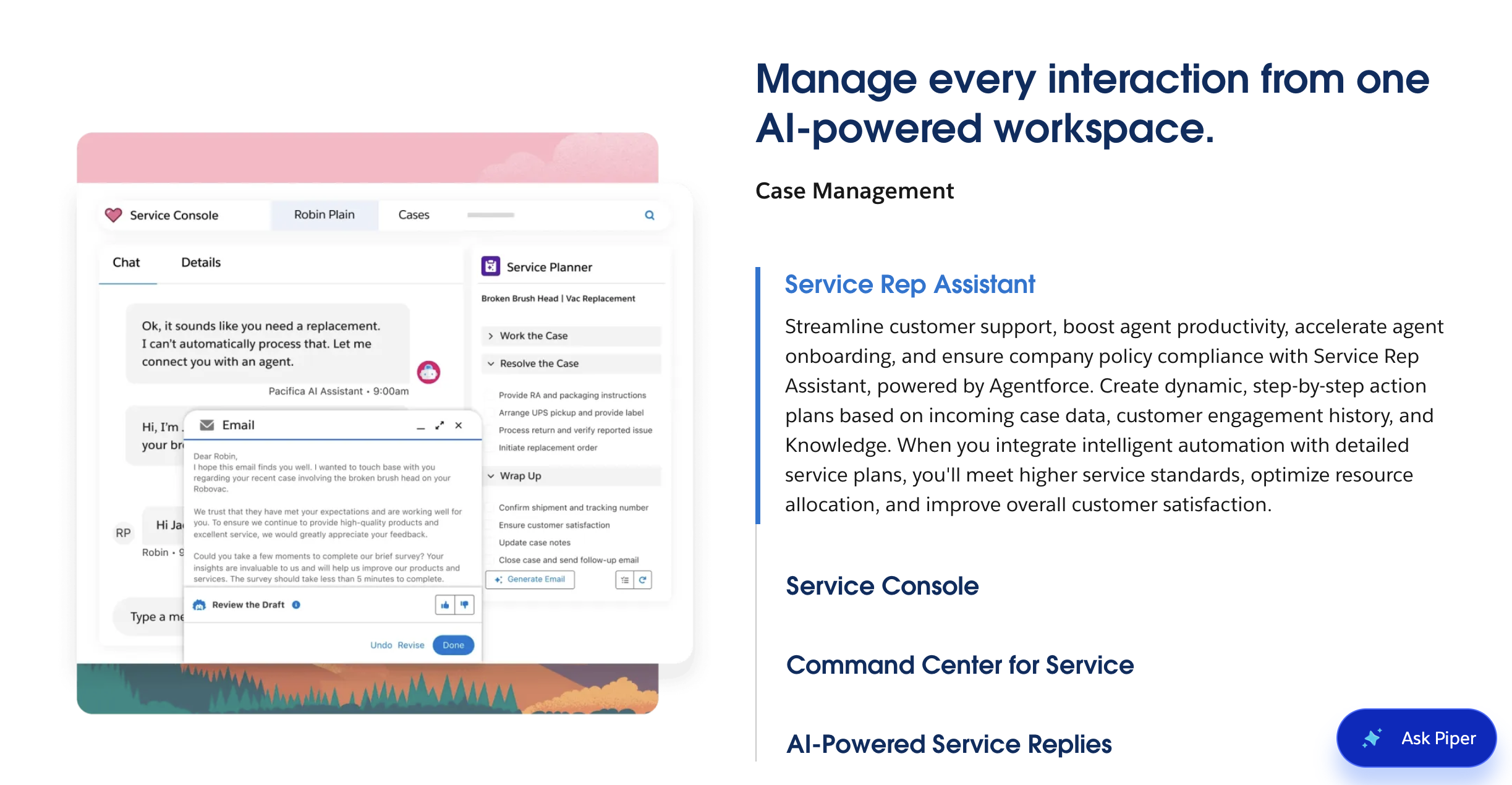 Salesforce Service Cloud interface showing AI-assisted case management, customer conversations, service plans, and automated email replies.
