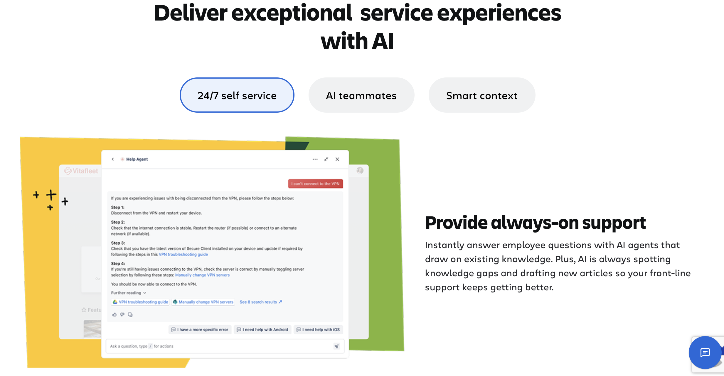 Atlassian service management interface showing an AI help agent providing 24/7 support for a VPN issue.
