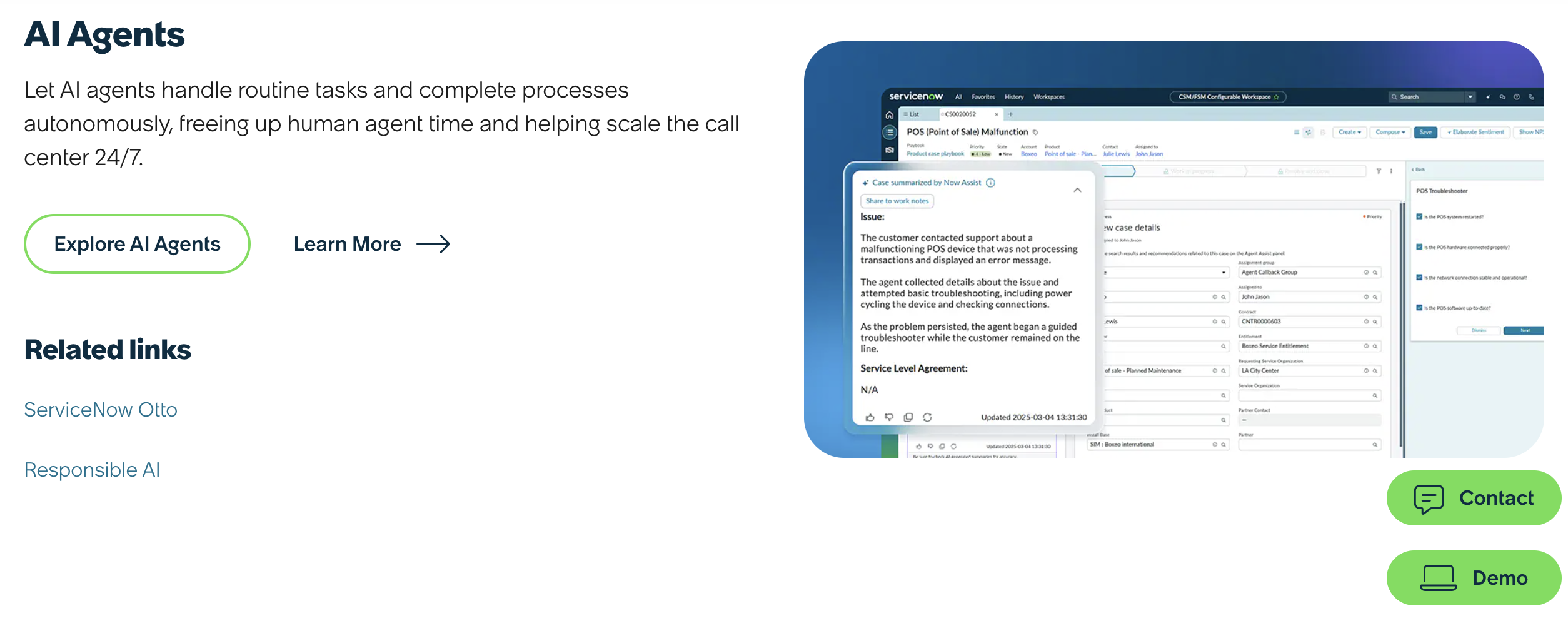 ServiceNow AI Agents interface showing automated case summarization and troubleshooting for customer service.