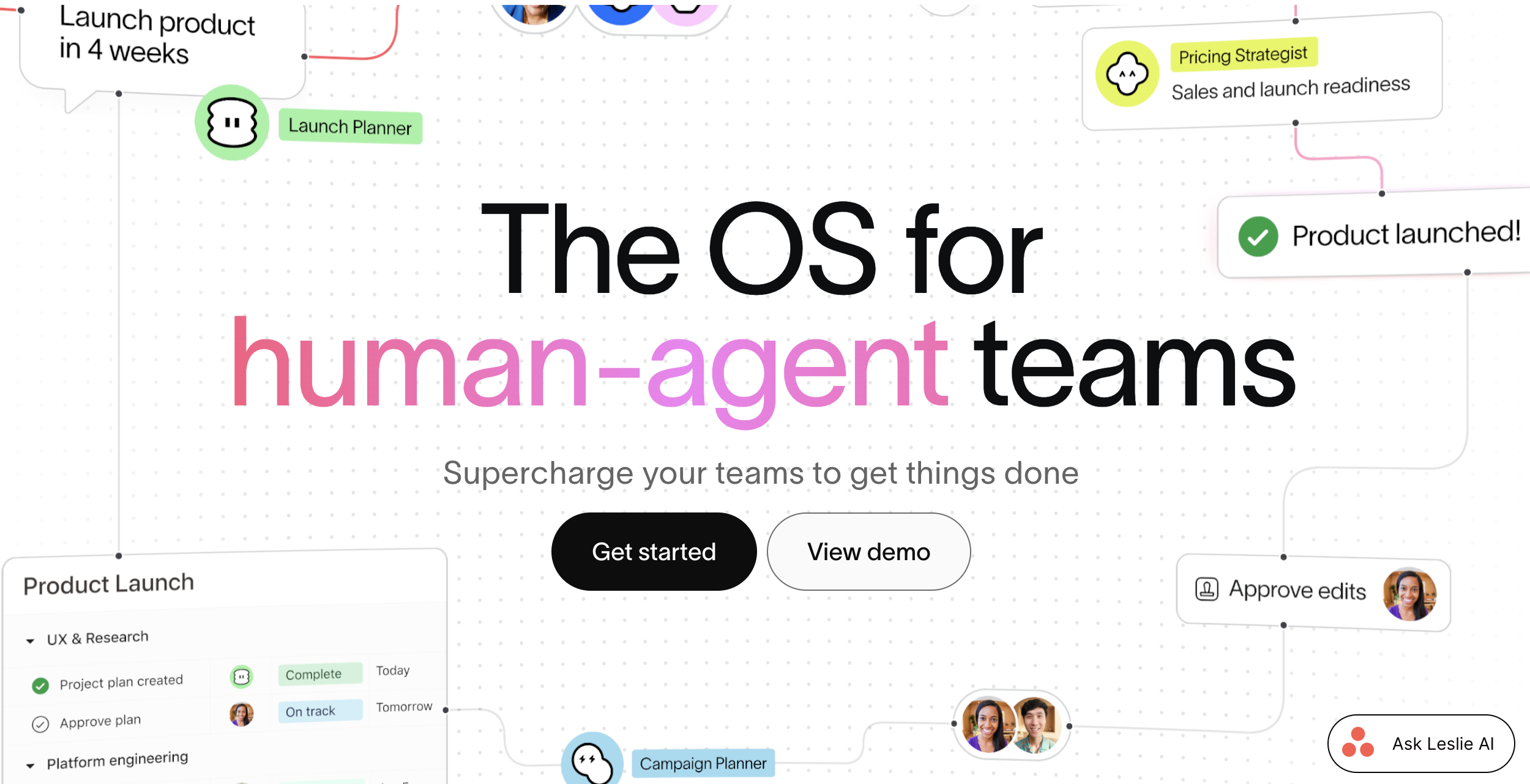 Asana AI banner showing human-agent teams coordinating a product launch through connected tasks and workflows.
