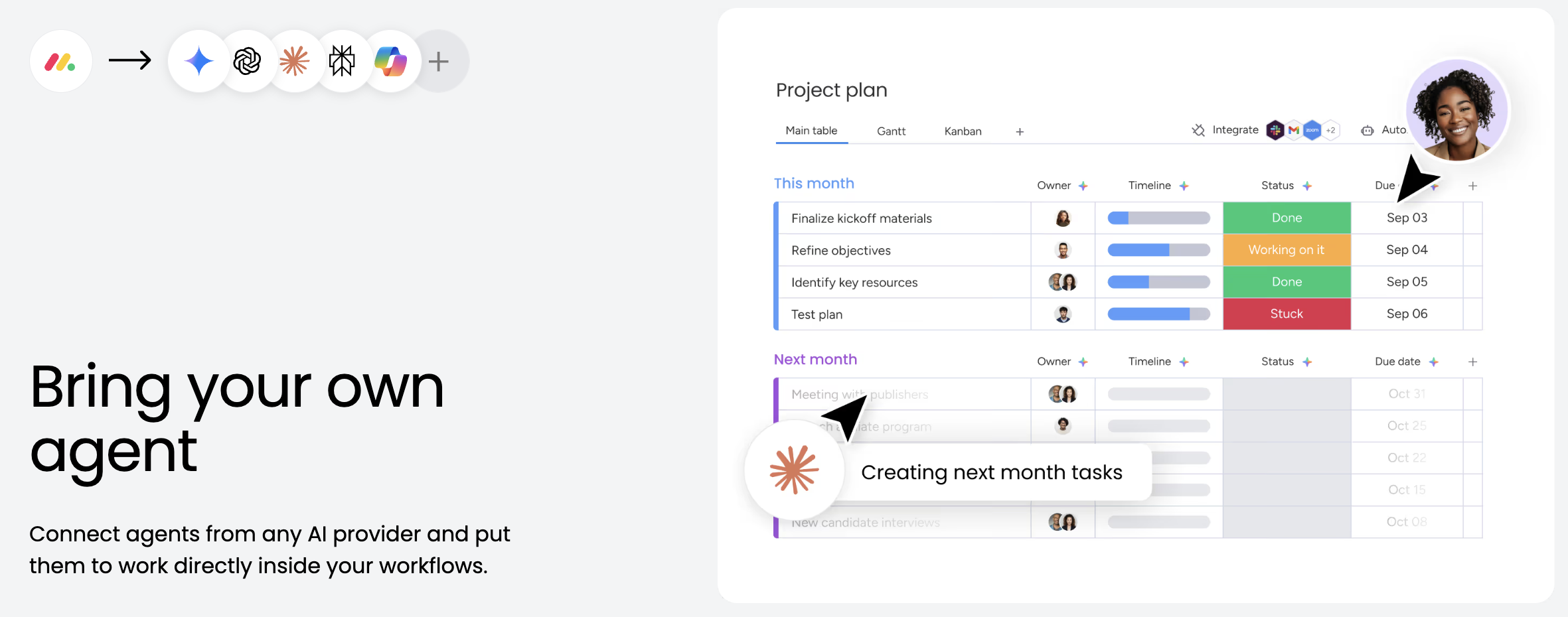 monday.com AI agent integration creating and managing tasks directly within a project plan.
