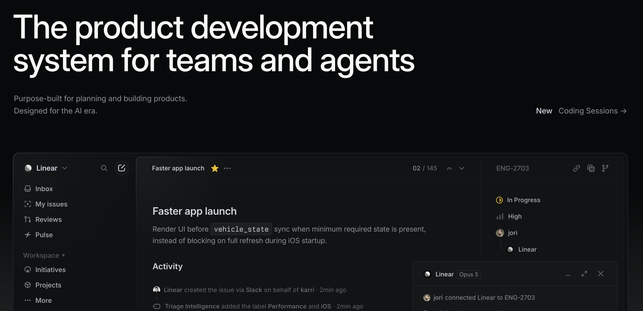 Linear product development platform showing issue tracking, project activity, and AI agent collaboration.