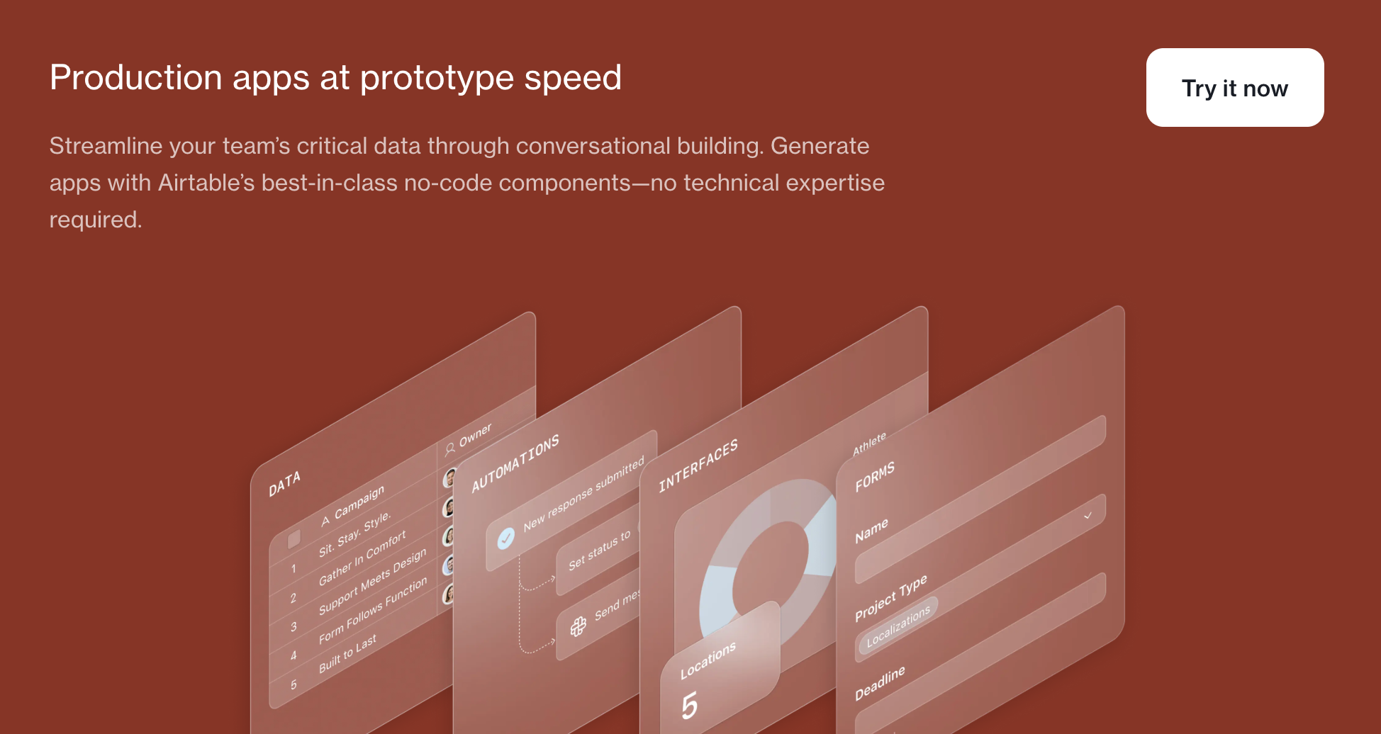 Airtable banner showing no-code data, automation, interface, and form tools for building production apps.