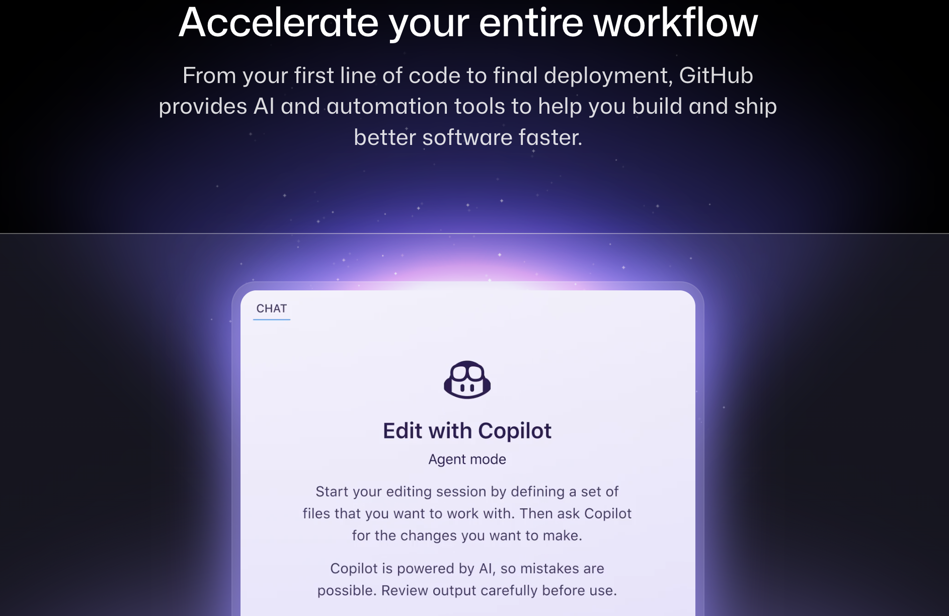 GitHub Copilot banner showing AI-powered agent mode for editing code and accelerating software development workflows.
