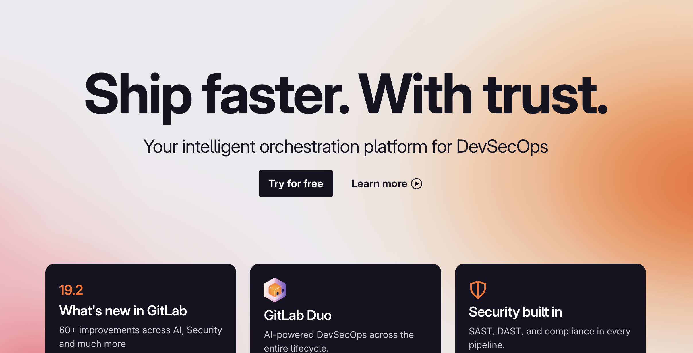 GitLab DevSecOps platform banner highlighting AI-powered development, built-in security, and workflow automation.