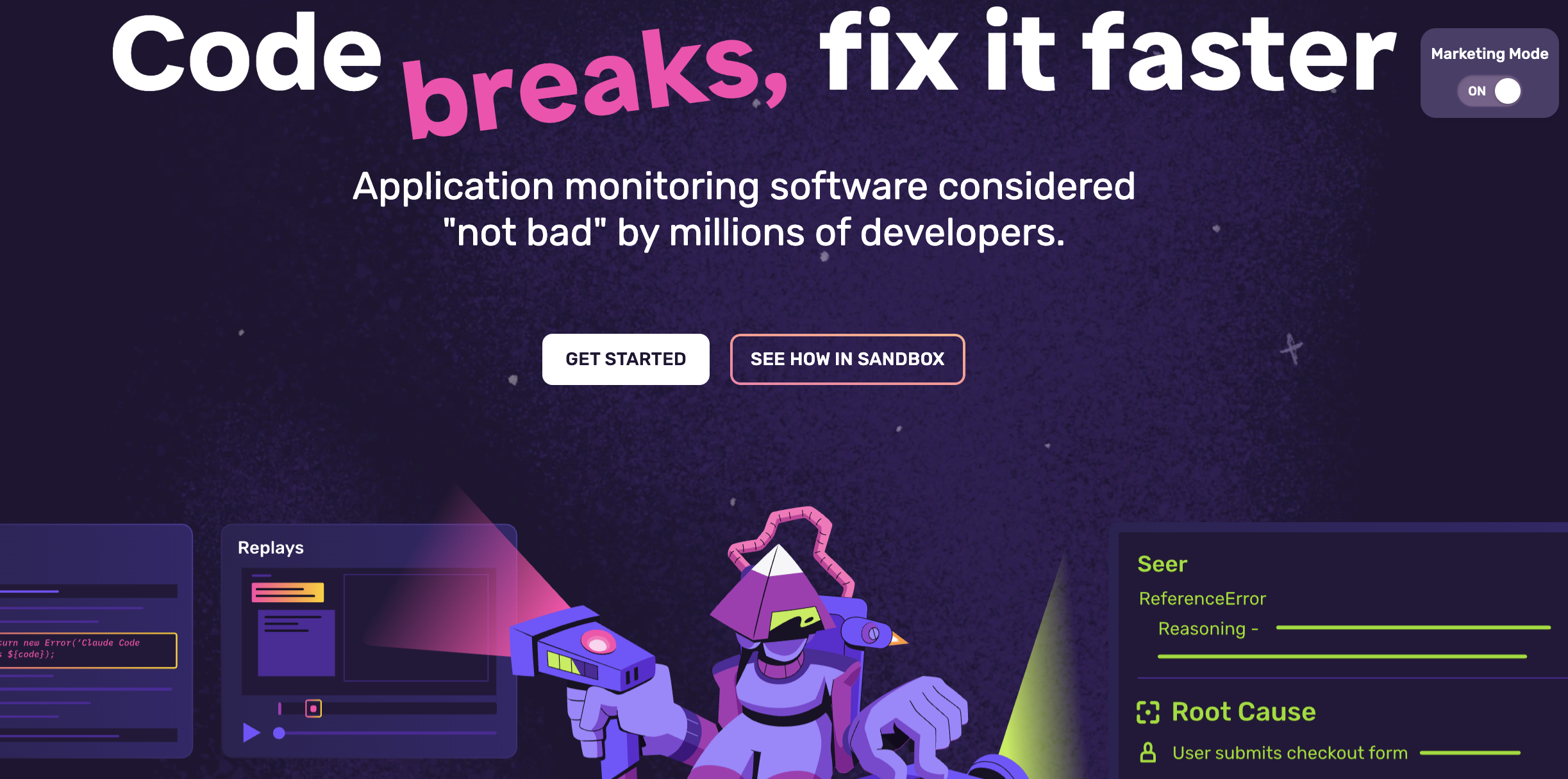 Sentry application monitoring banner highlighting faster error detection, root-cause analysis, and debugging tools.