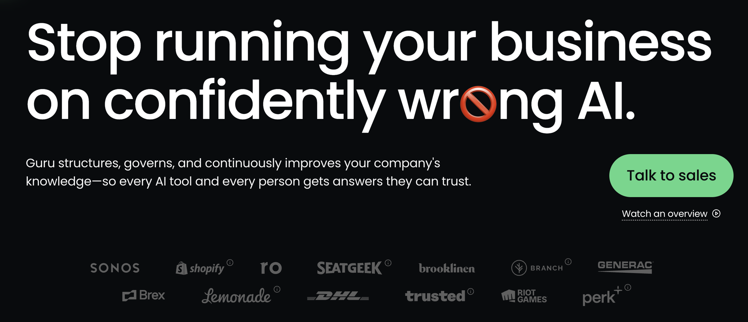 Guru banner promoting verified and governed company knowledge so employees and AI tools receive trustworthy answers.