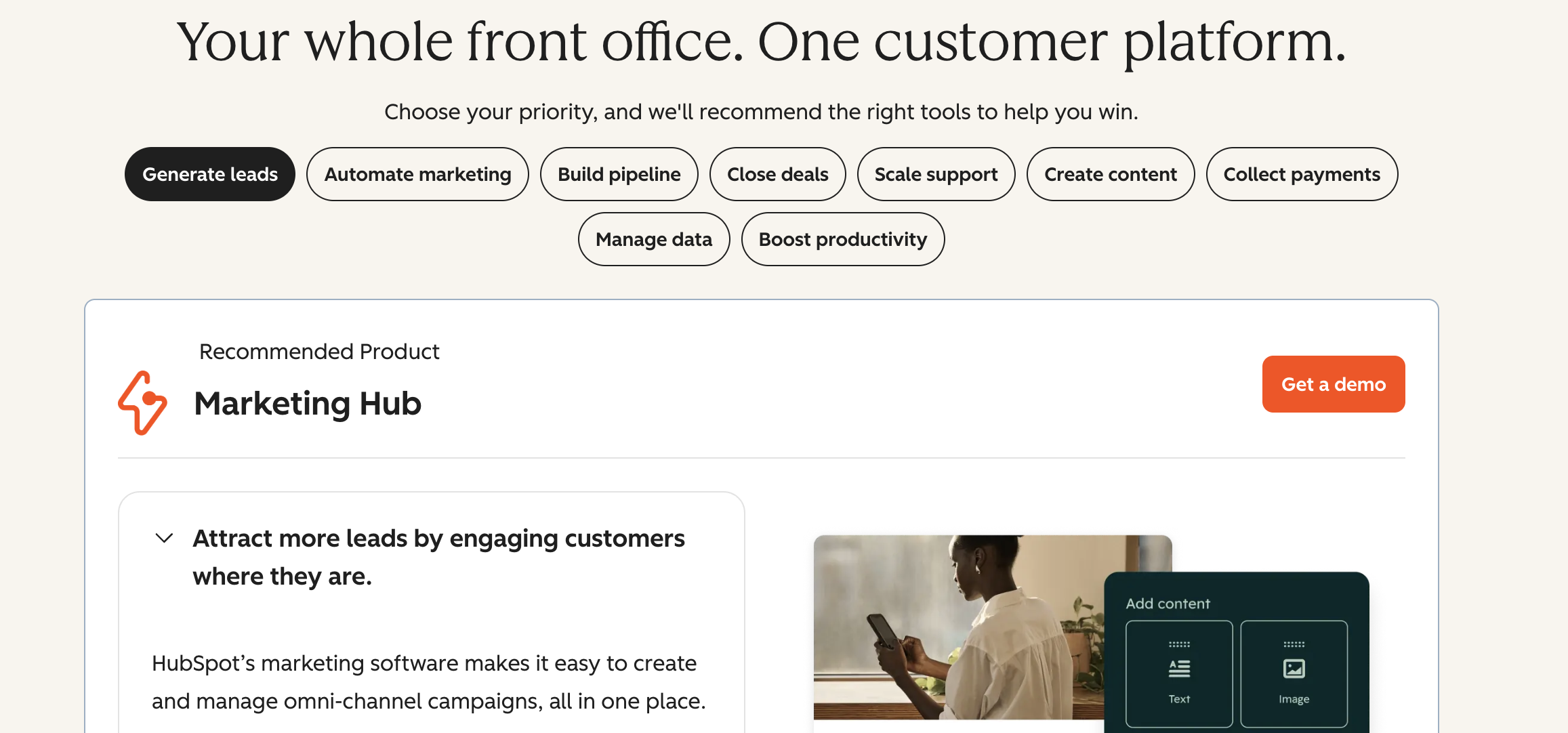 HubSpot customer platform interface recommending Marketing Hub for lead generation and multichannel campaign management.