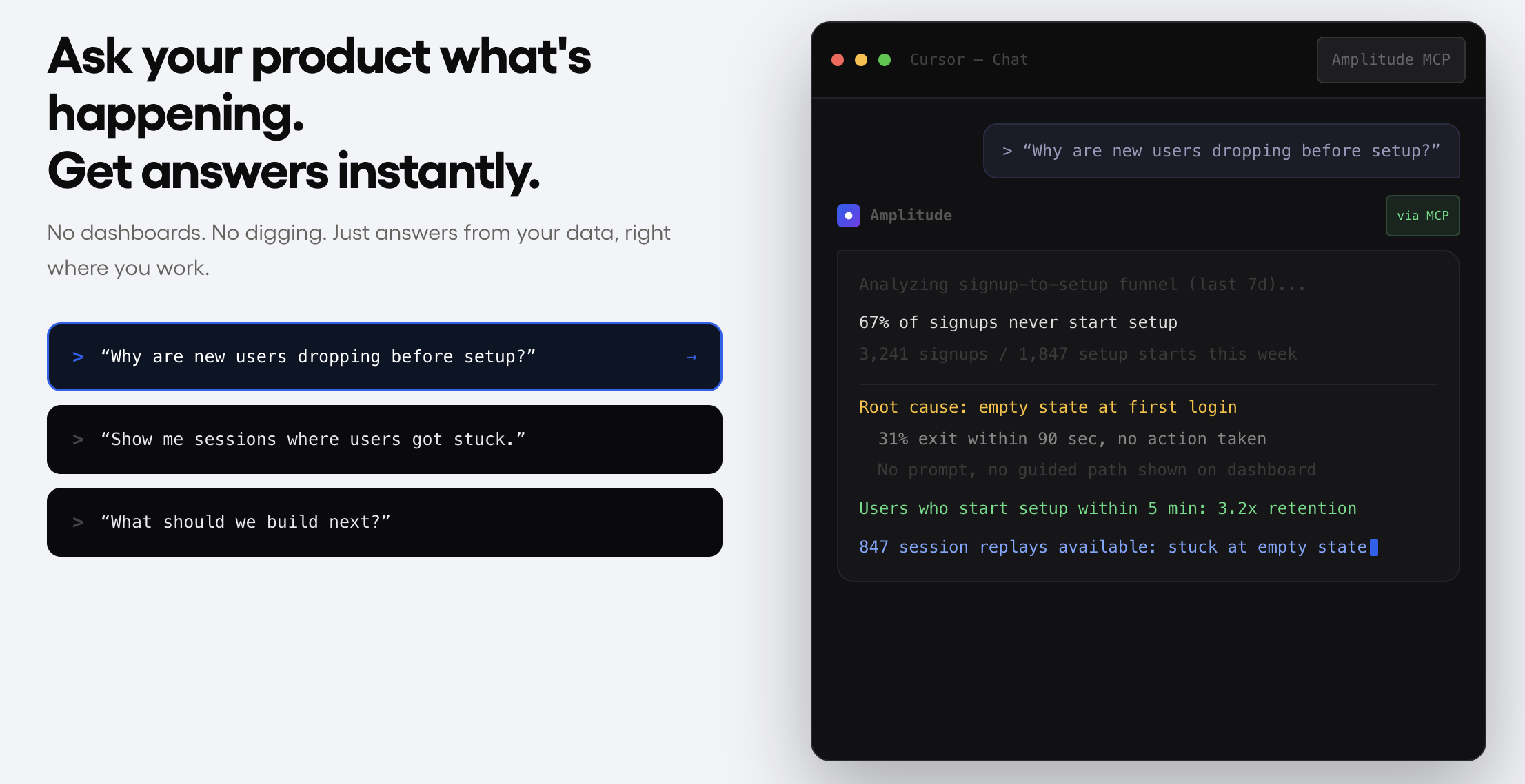 Amplitude MCP interface showing AI-generated product analytics insights about user drop-off, root causes, and retention.
