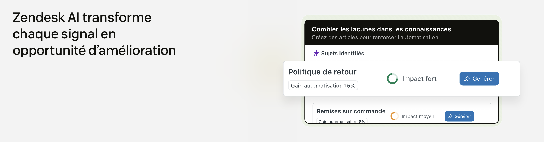 Zendesk AI interface showing knowledge gaps identified and new support articles generated to improve automation.
