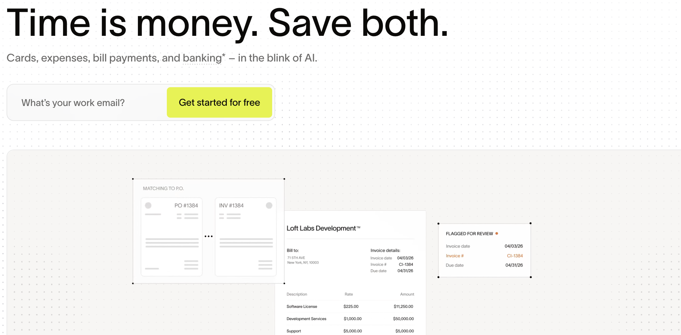Ramp finance automation banner showing AI-powered invoice matching, expense management, bill payments, cards, and banking.