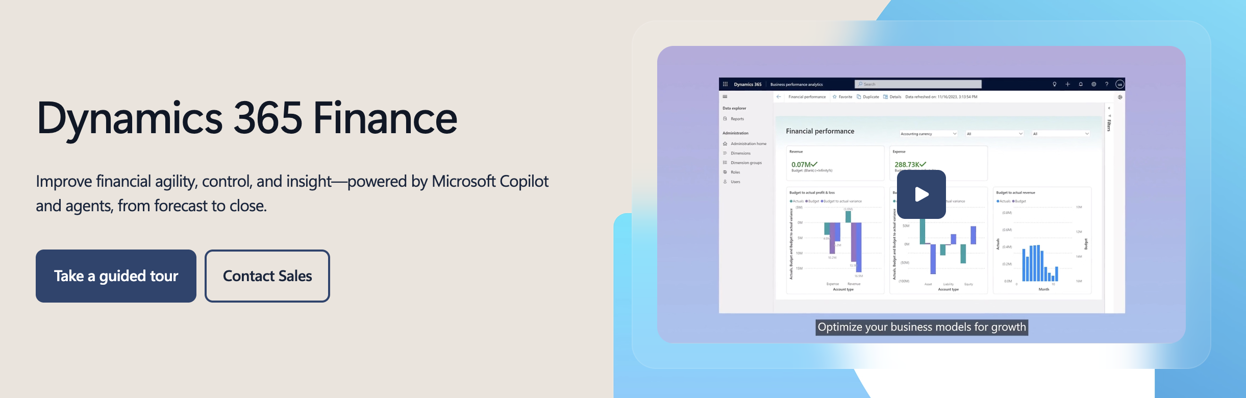 Dynamics 365 Finance banner showing a financial performance dashboard powered by Microsoft Copilot and AI agents.
