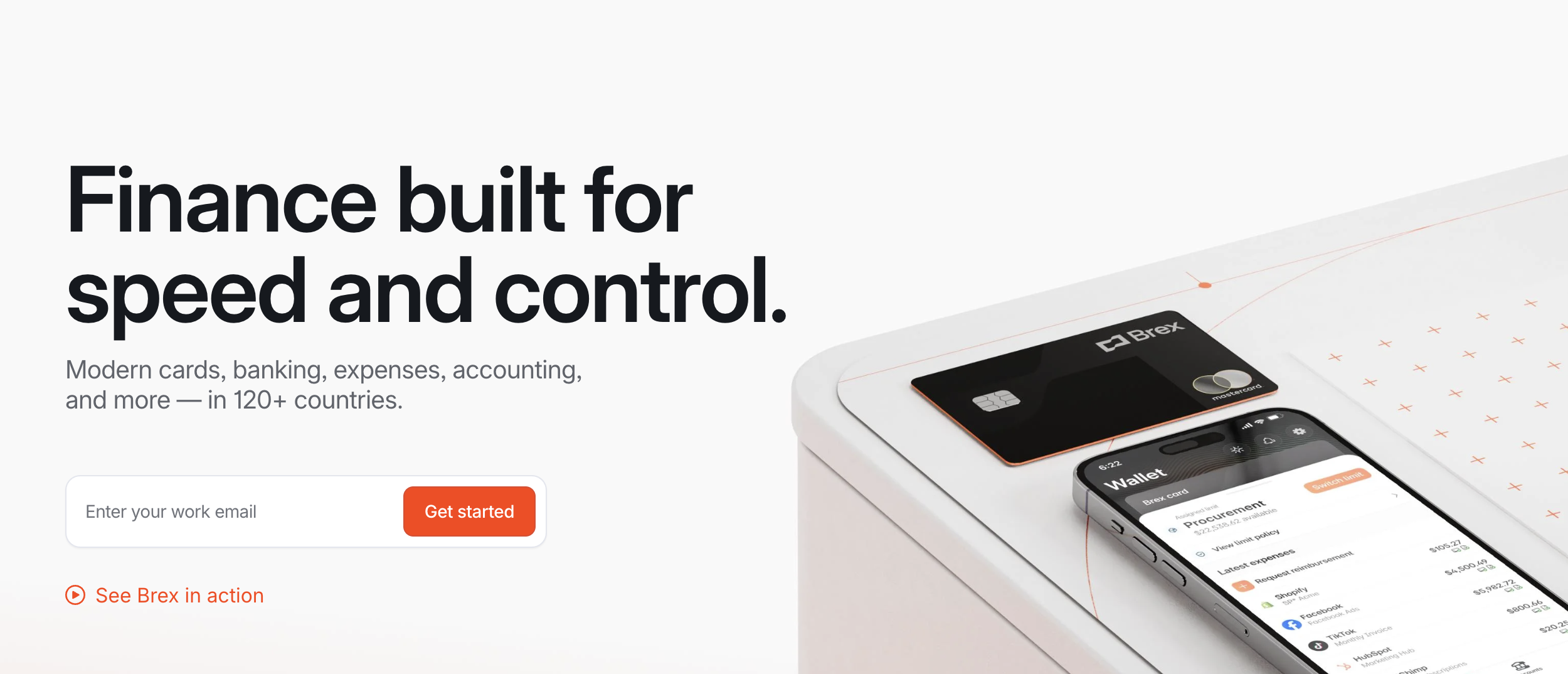 Brex finance platform banner showing corporate cards and mobile expense management for fast, controlled financial operations.