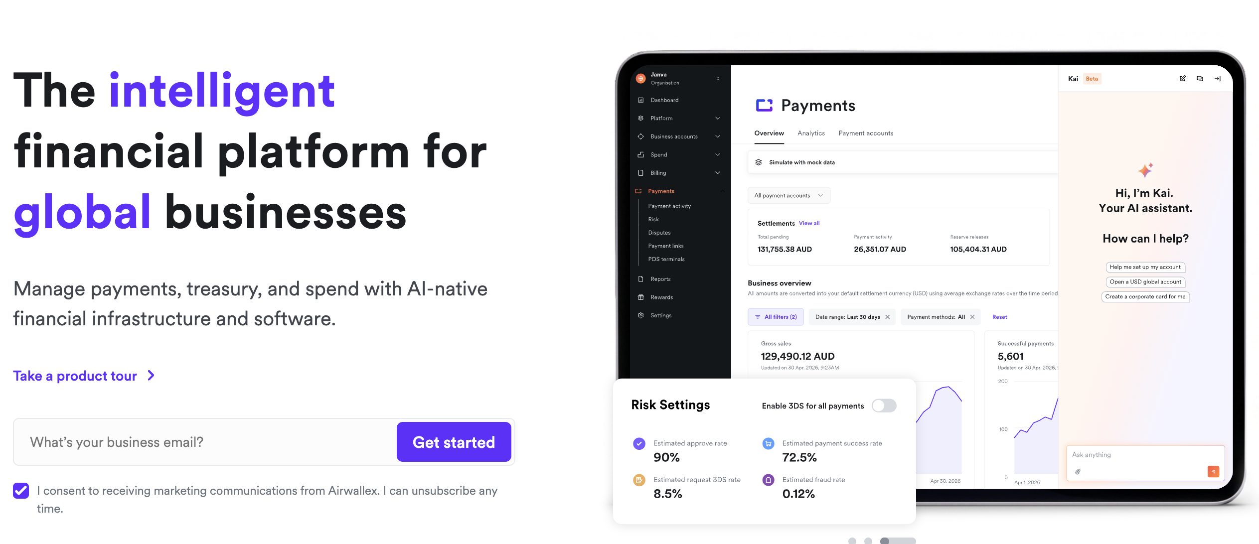 Airwallex financial platform showing AI-powered payments, treasury, spend management, risk settings, and a built-in financial assistant.