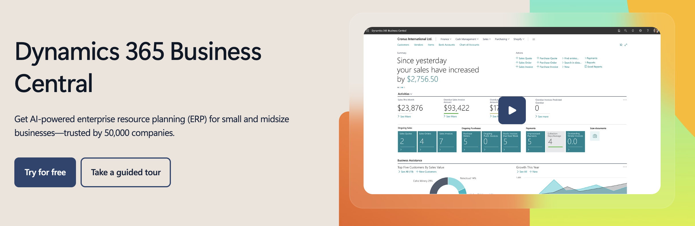 Dynamics 365 Business Central banner showing an AI-powered ERP dashboard for managing finance, sales, purchasing, and business operations.