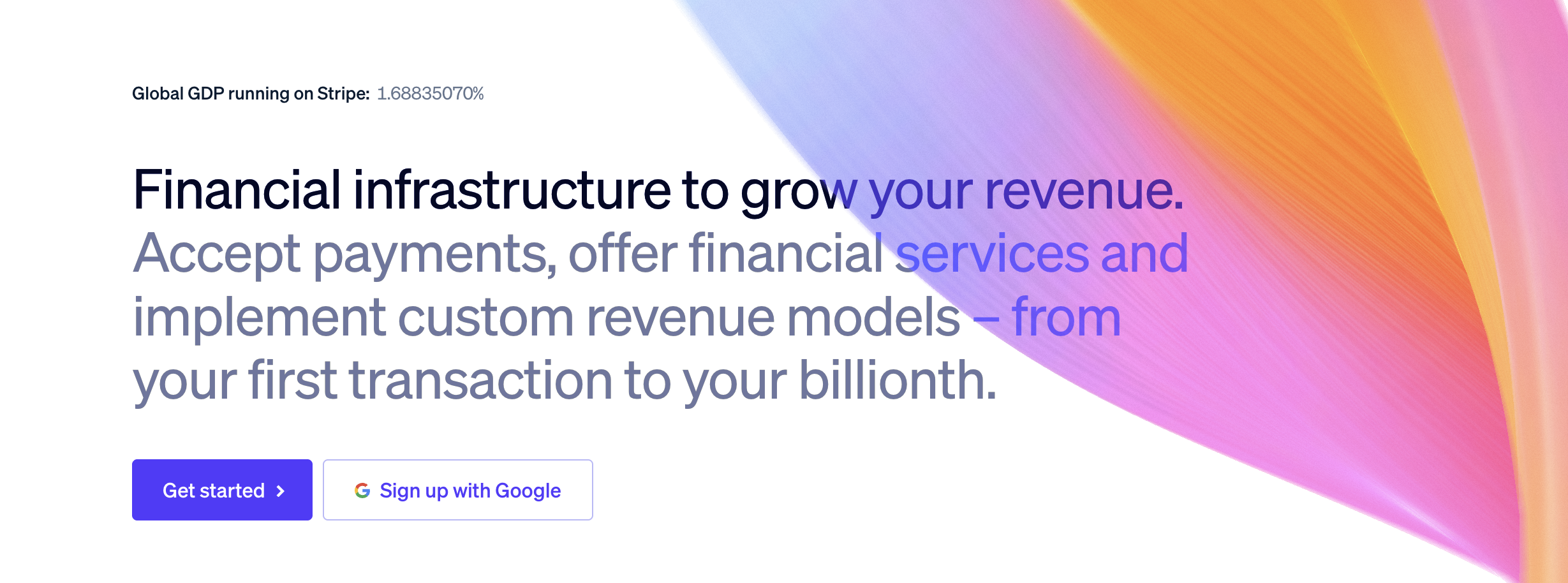 Stripe banner promoting financial infrastructure for accepting payments, offering financial services, and building scalable revenue models.