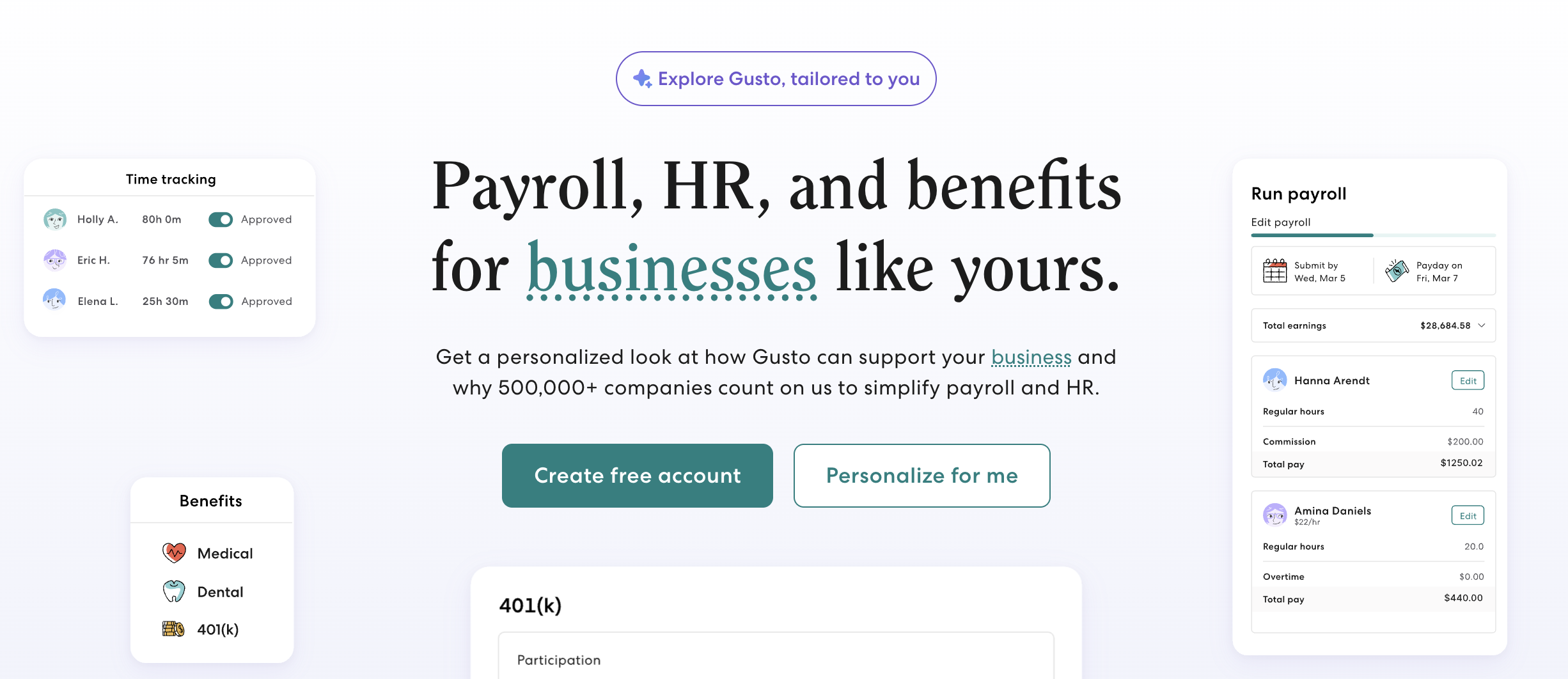 Gusto platform banner showing payroll, HR, benefits, time tracking, and employee payment management tools.