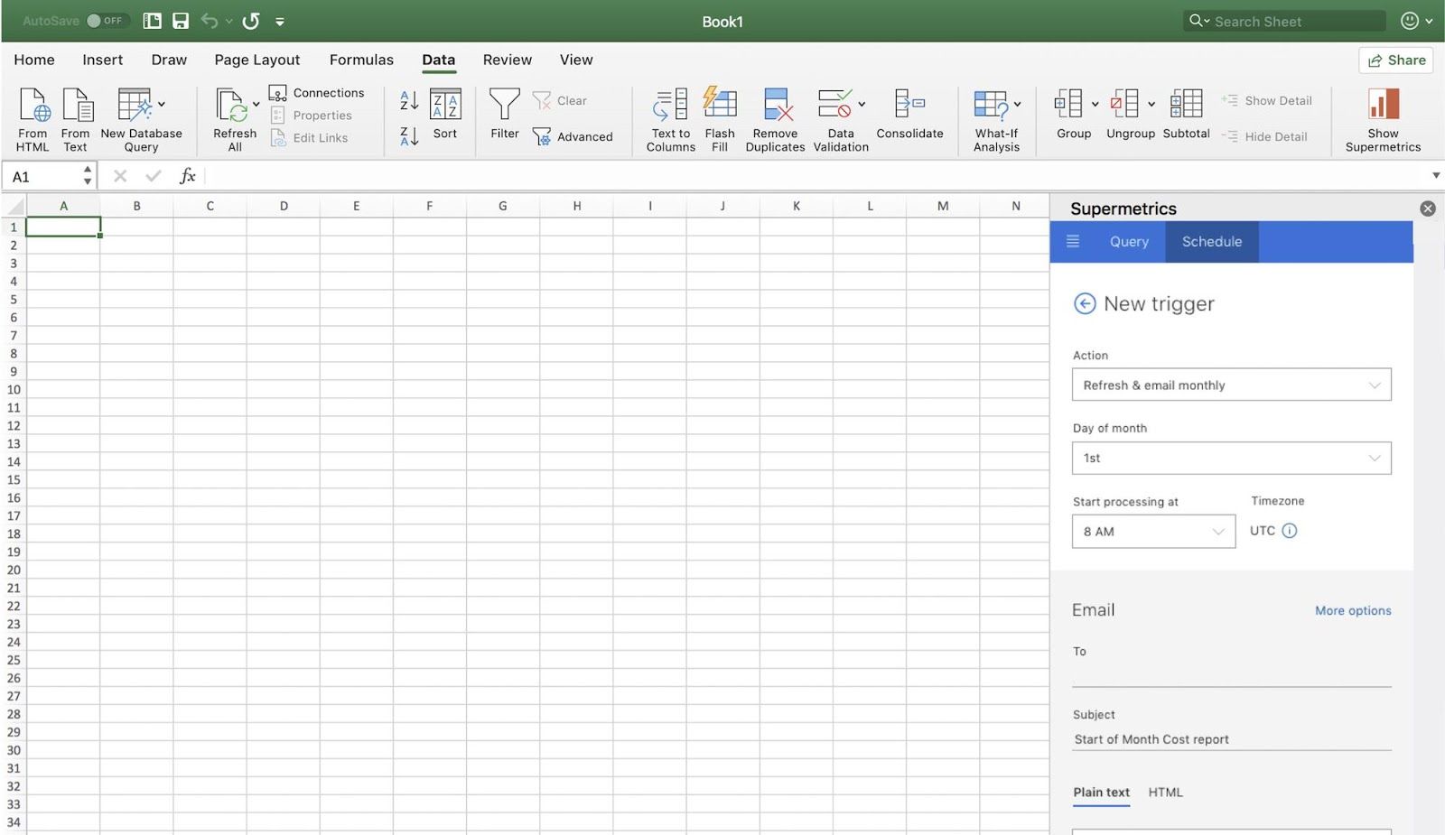 Supermetrics Excel add-in with monthly refresh and email scheduling settings
