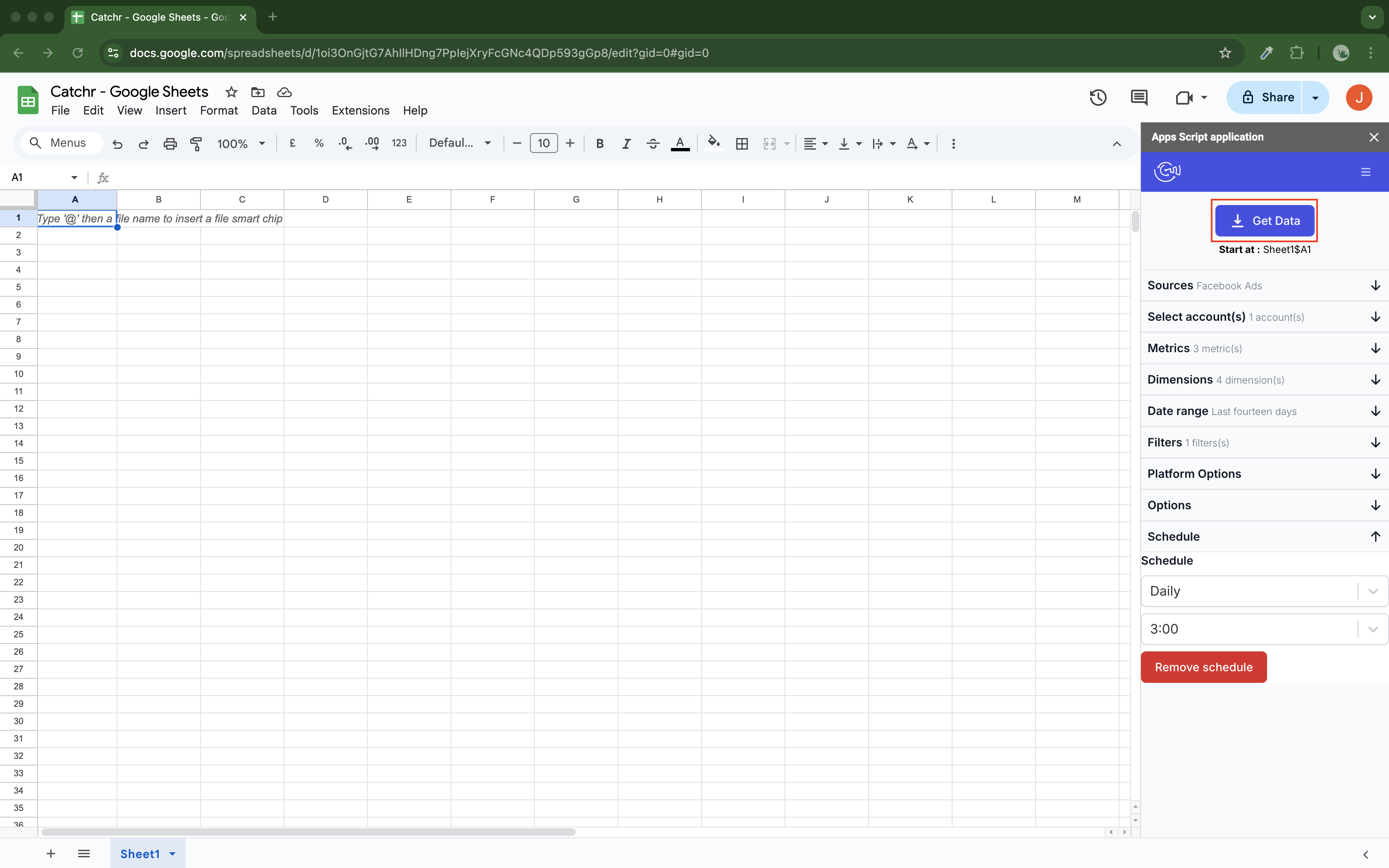 Catchr Google Sheets add-on with query settings and a daily refresh schedule