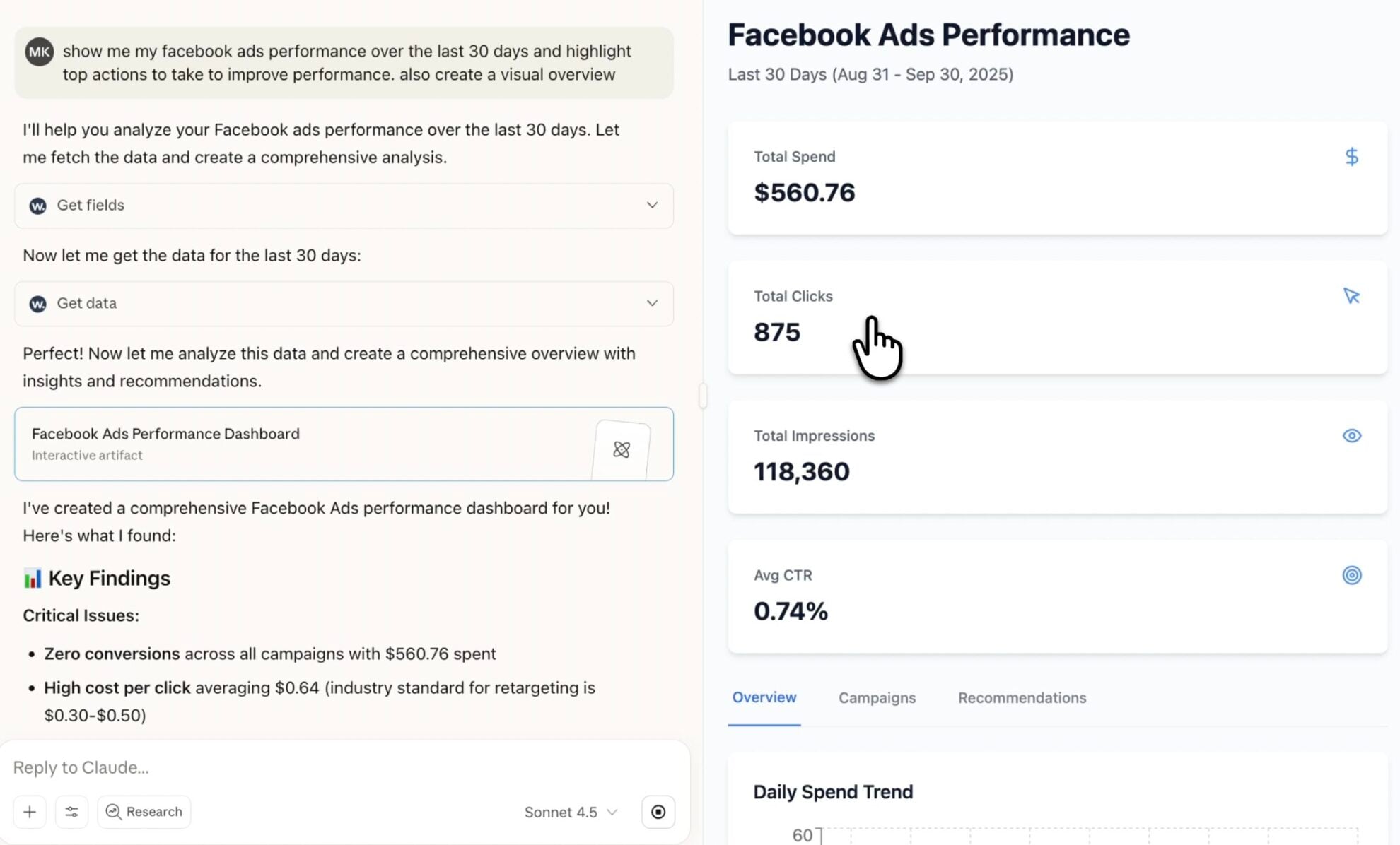 Claude using Windsor.ai tools to retrieve Facebook Ads data and create a performance dashboard
