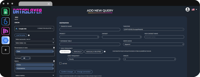 Dataslayer BigQuery transfer editor with source query, destination table and sync frequency